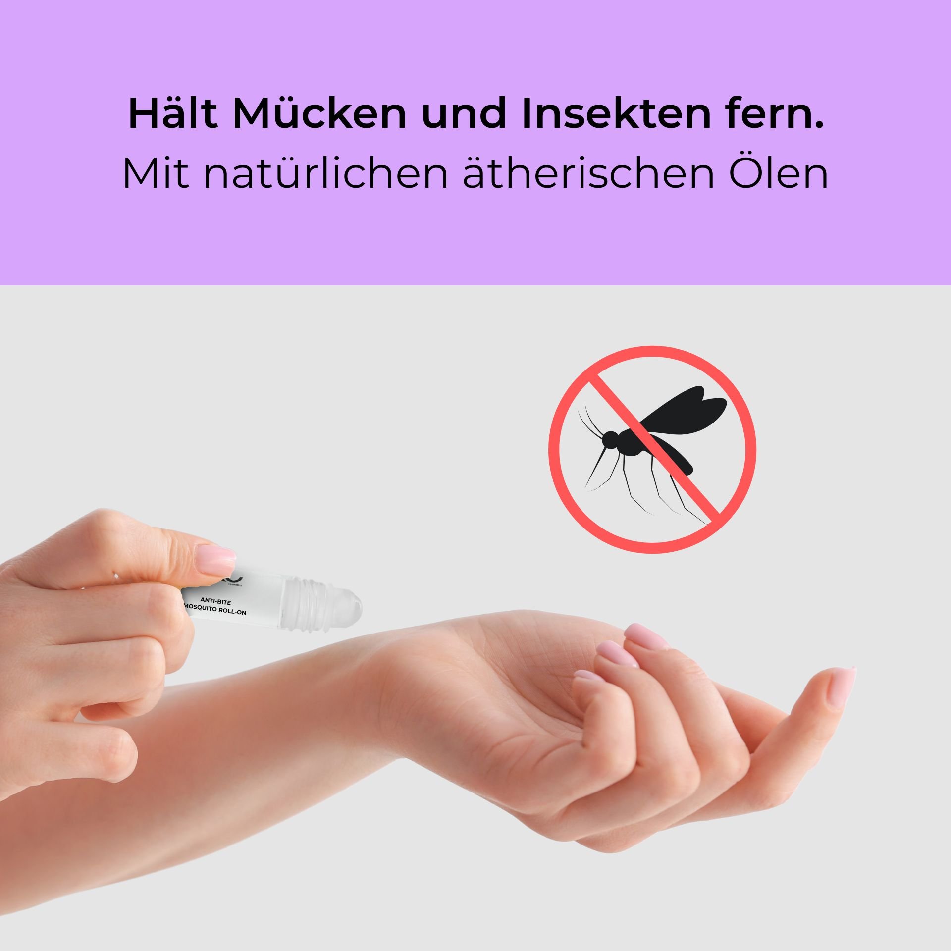 Anti-Bite Mosquito Roll-On for application on the wrist with natural essential oils for insect protection, without mosquito symbol in the background.