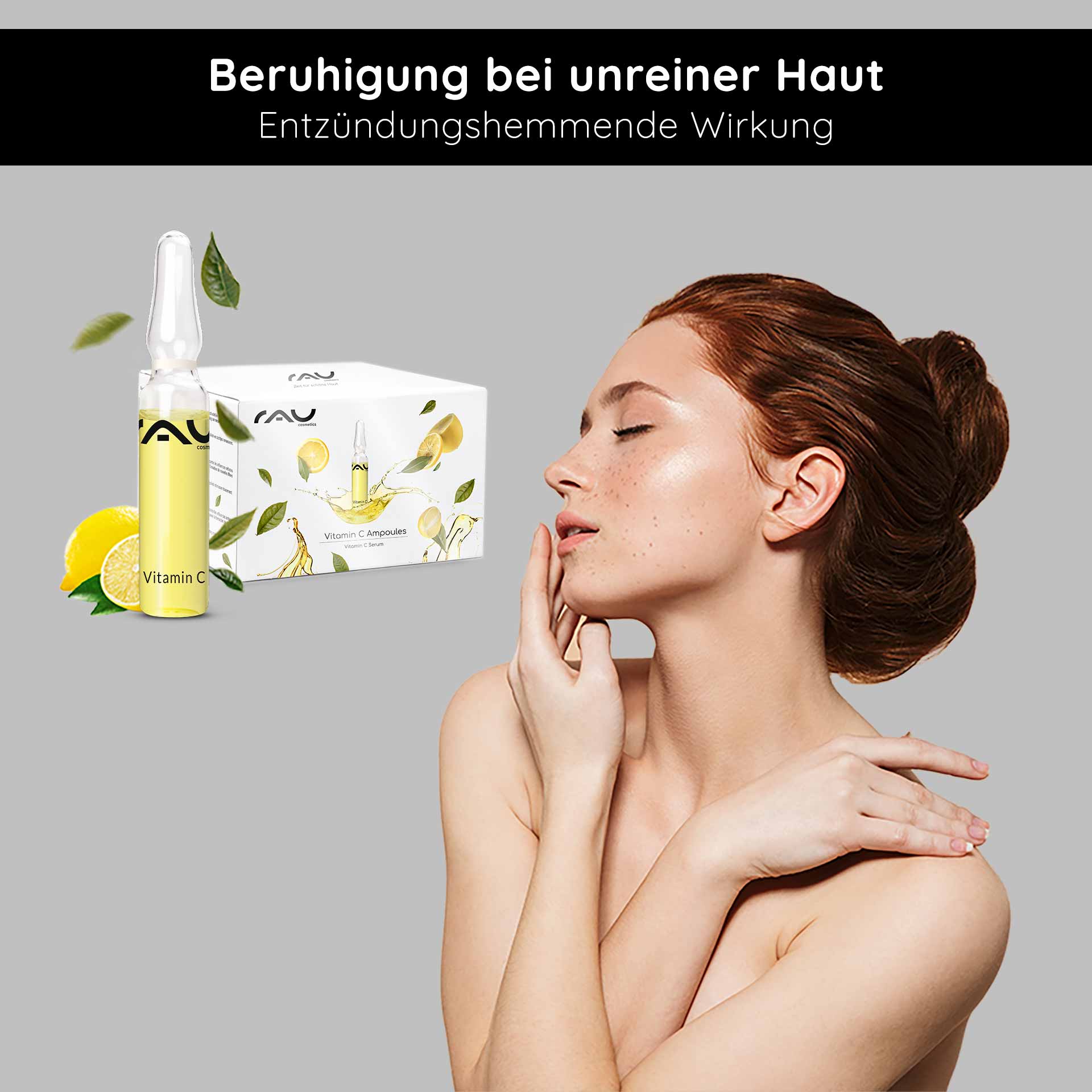 Ampollas de Vitamina C 14x2 ml para pieles maduras y con imperfecciones Vitamin C Ampulle von RAU Cosmetics mit Zitronen- und Bananenelementen, Modell zur Präsentation der Hautpflegevorteile bei unreiner Haut, beruhigende und entzündungshemmende Wirkung.