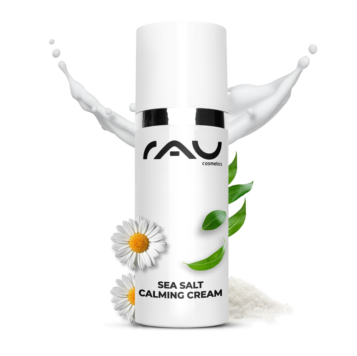 Flasche der RAU Sea Salt Calming Cream mit Kamillenblüten, Meersalz und grünen Blättern, die die beruhigenden und feuchtigkeitsspendenden Eigenschaften für empfindliche Haut betont.