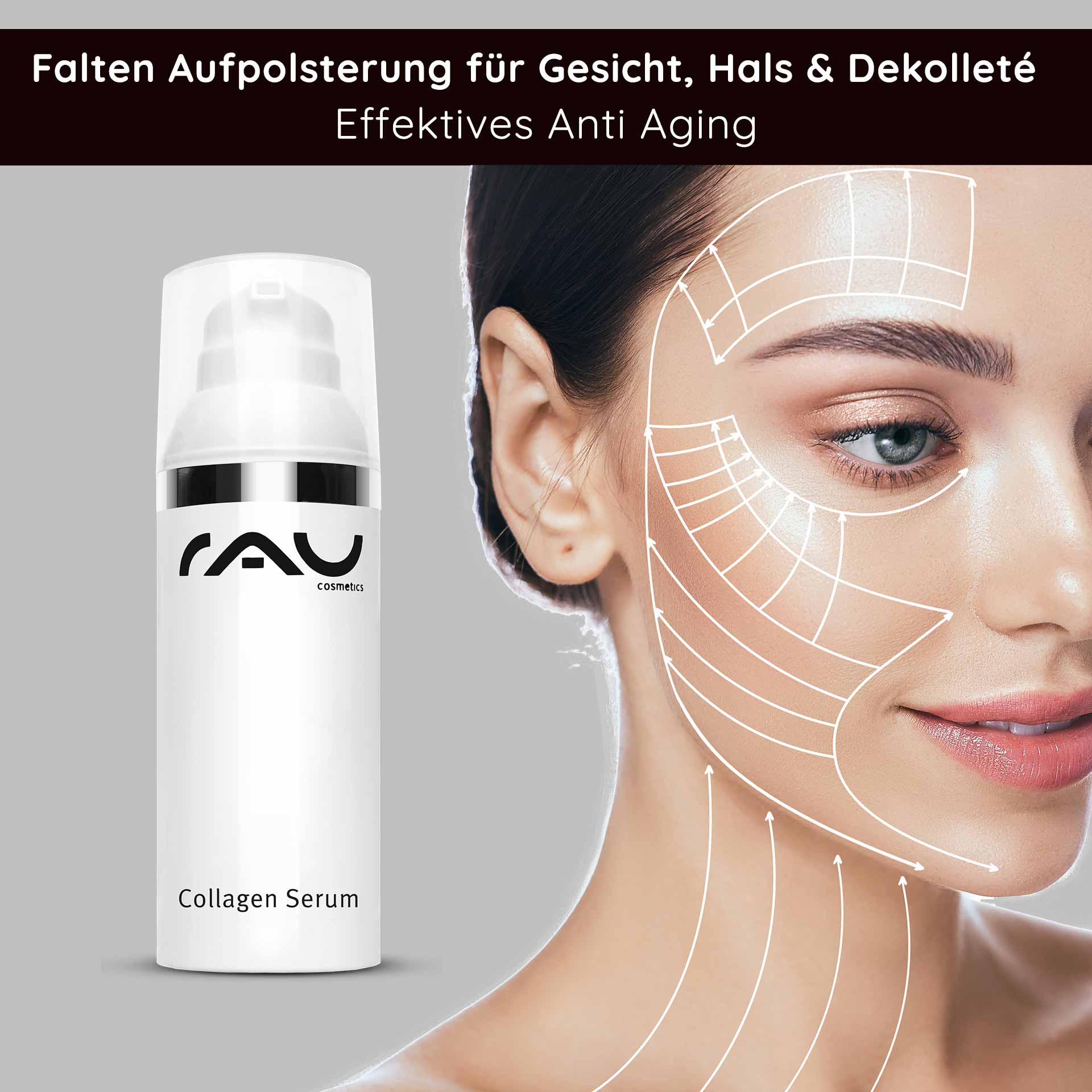 Collagen Serum 50 ml anti-aging cure with Trylagen Collagen Serum von RAU Cosmetics mit Faltenaufpolsterung für Gesicht, Hals und Dekolleté, Anti-Aging Wirkung, Anwendungshinweise und Hautpflegegrafik.