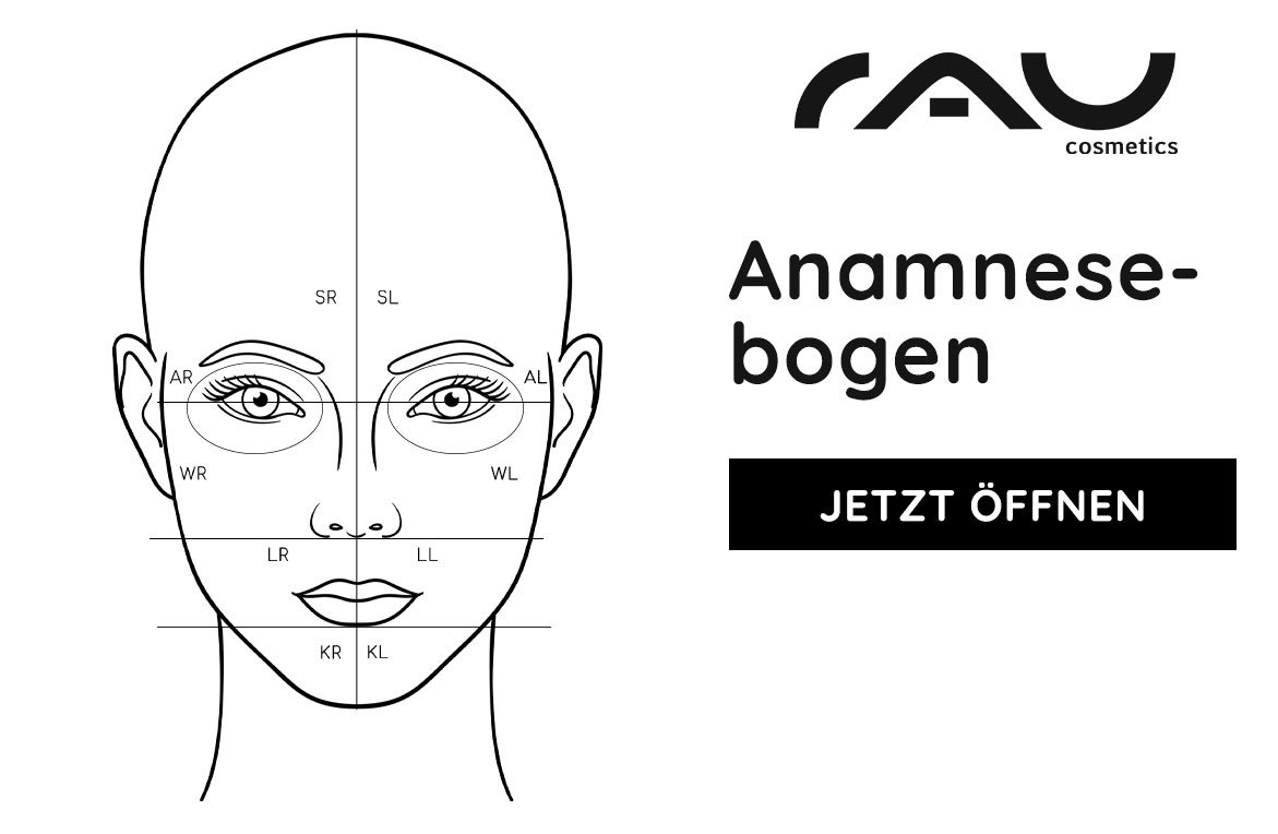 Anamnesebogen von RAU Cosmetics, schematische Darstellung eines Gesichts mit Markierungen zur Hautanalyse, zur Unterstützung von Kosmetikstudios bei der Beurteilung des Hautzustands.