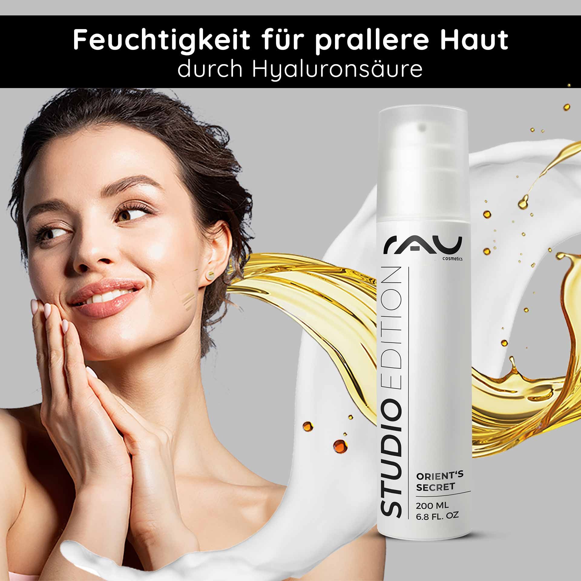 Crema facial Orient's Secret de RAU Cosmetics con ácido hialurónico, crema modeladora para aplicación, con salpicadura de líquido dorado, envase de 200 ml.