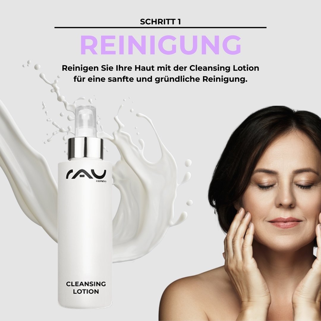 A bottle of Cleansing Lotion from RAU Cosmetics with a woman gently applying it to her face. This represents the first step of the advanced skincare routine for mature skin.