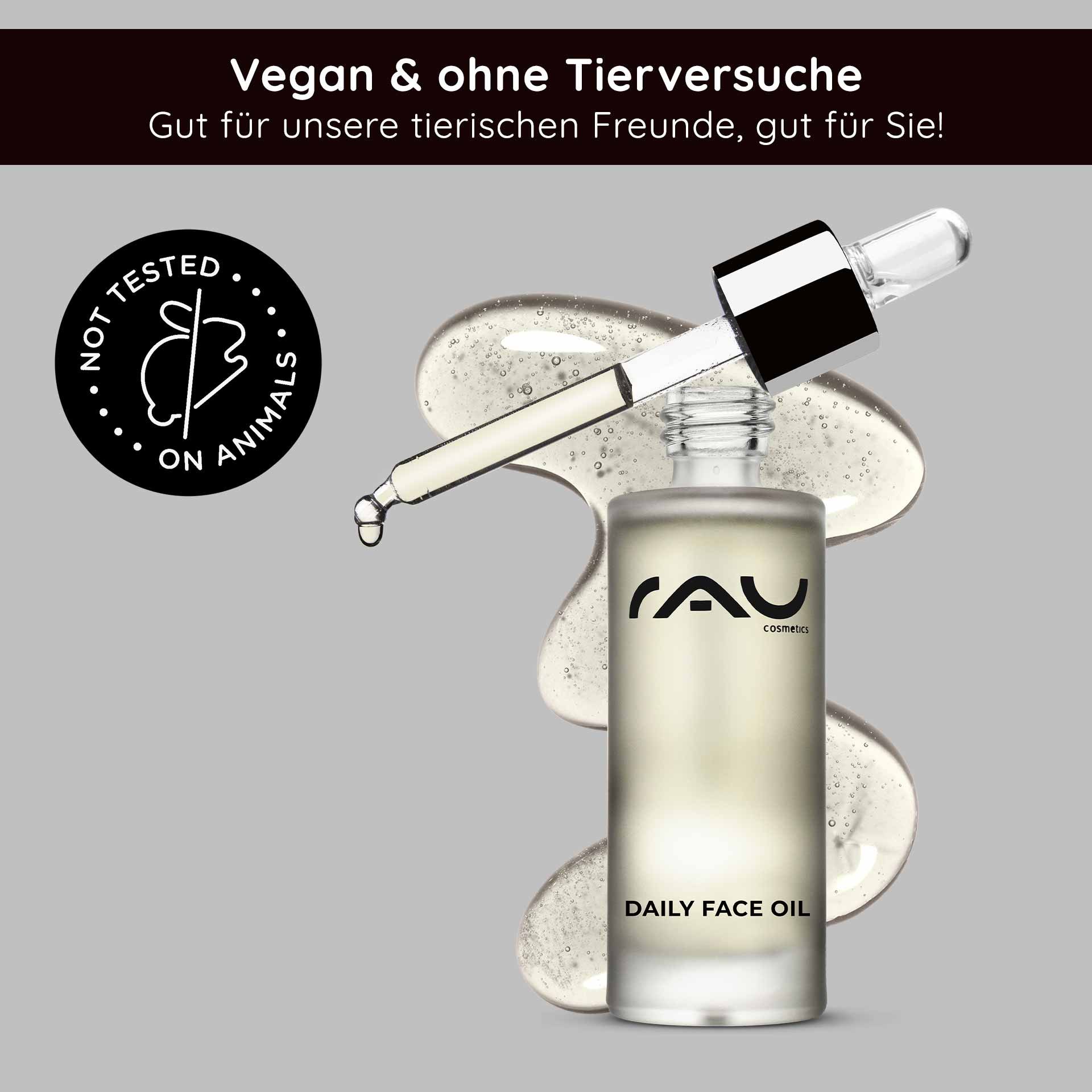 Flasche RAU Daily Face Oil mit Pipette und transparentem Öl, vegan und ohne Tierversuche, auf grauem Hintergrund.