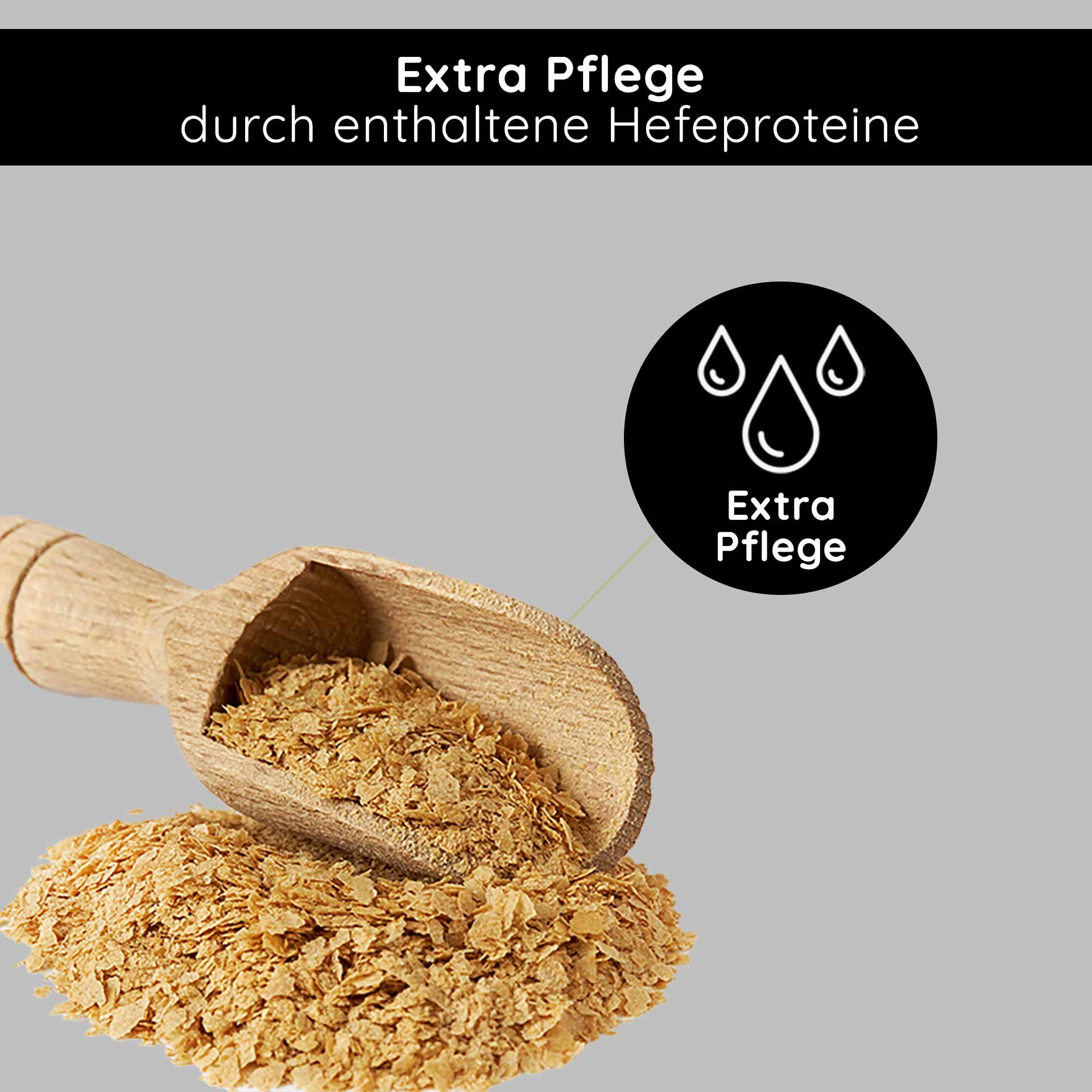 Cuchara medidora con polvo exfoliante y etiqueta que resalta los beneficios de las proteínas de levadura.