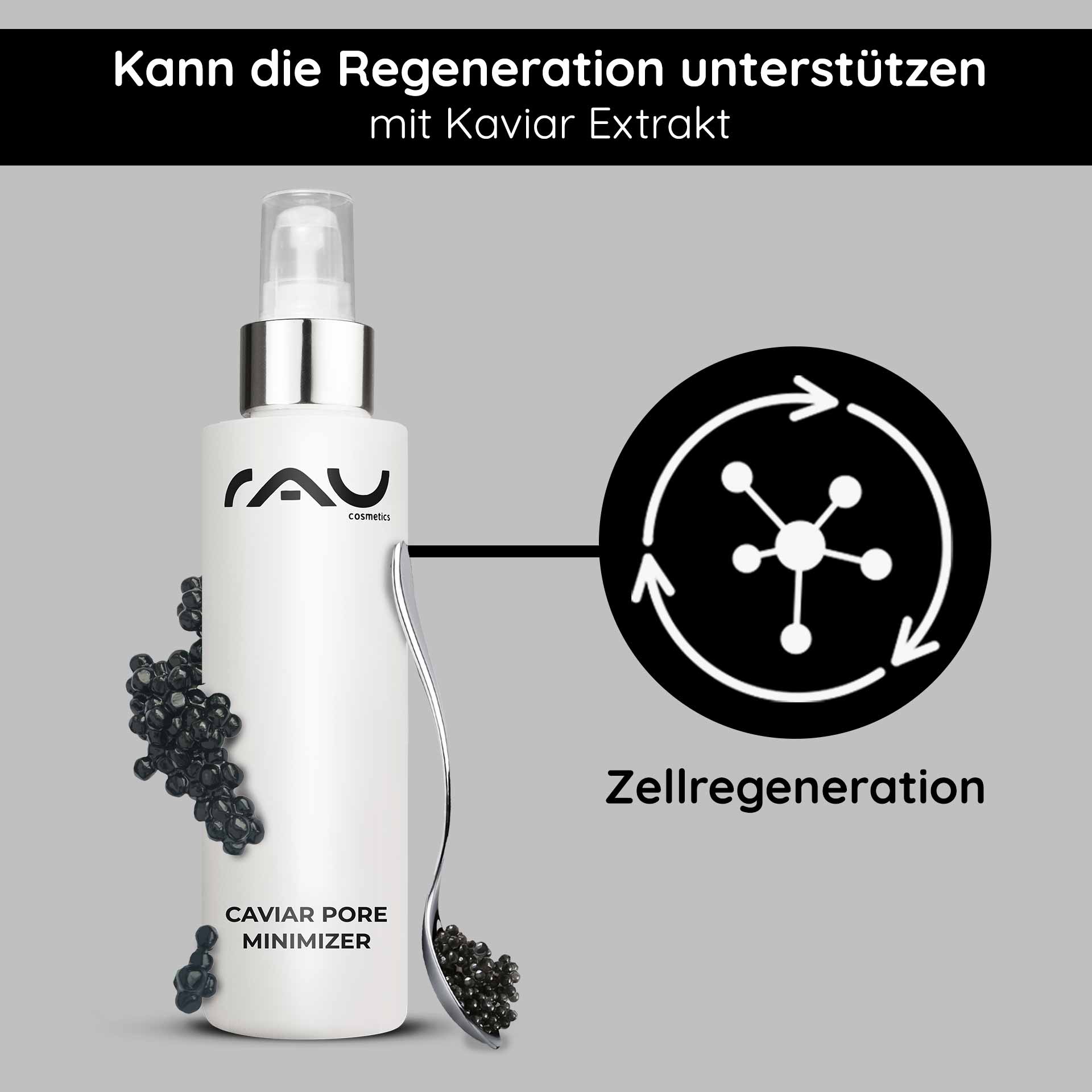 Caviar Serum Minimizador de Poros 100 ml con Extracto de Plancton Flasche RAU Cosmetics Caviar Pore Minimizer Serum mit Kaviarextrakt, das die Vorteile der Porenverkleinerung und Zellregeneration hervorhebt.