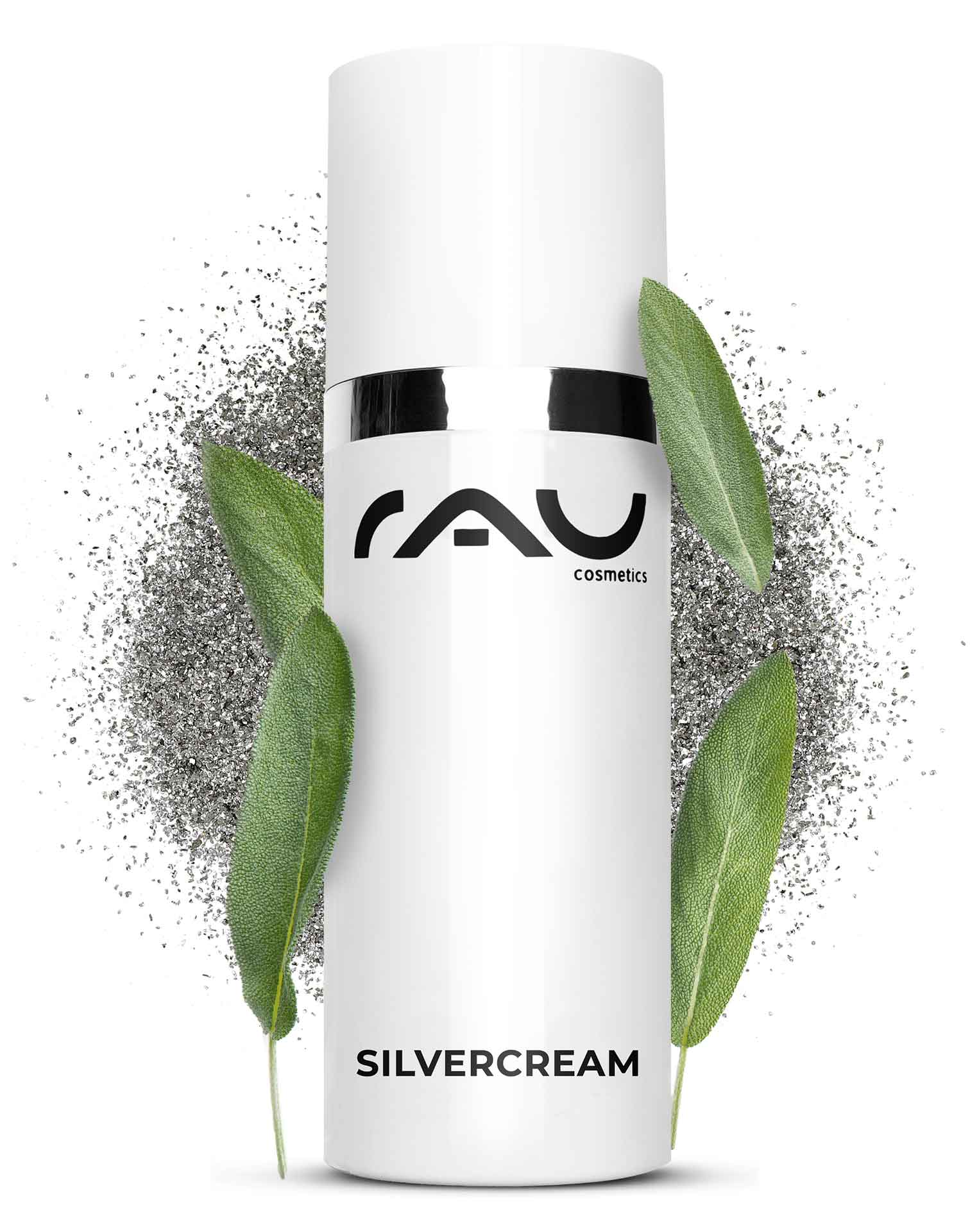 RAU Silvercream 50 ml - Special Cream for Impure Skin with Microsilver & Sage RAU Silvercream-Verpackung mit Logo, Silberpartikeln und grünen Blättern, entwickelt für zu Akne neigende und empfindliche Haut, wobei die beruhigenden und entzündungshemmenden Eigenschaften hervorgehoben werden.