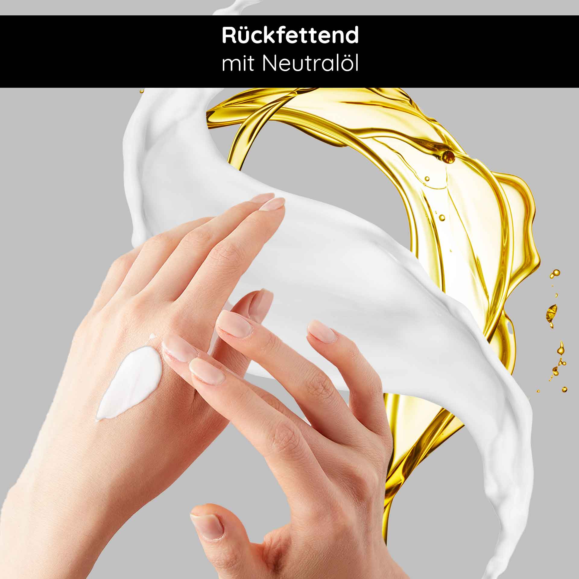 Silver Hand & Foot Care 500 ml para Crema de Manos y Pies Hände mit Handcreme und neutralem Öl, umgeben von cremiger Textur und goldenen Öltropfen, symbolisiert die pflegenden Eigenschaften der RAU Cosmetics Silver Hand & Foot Care.