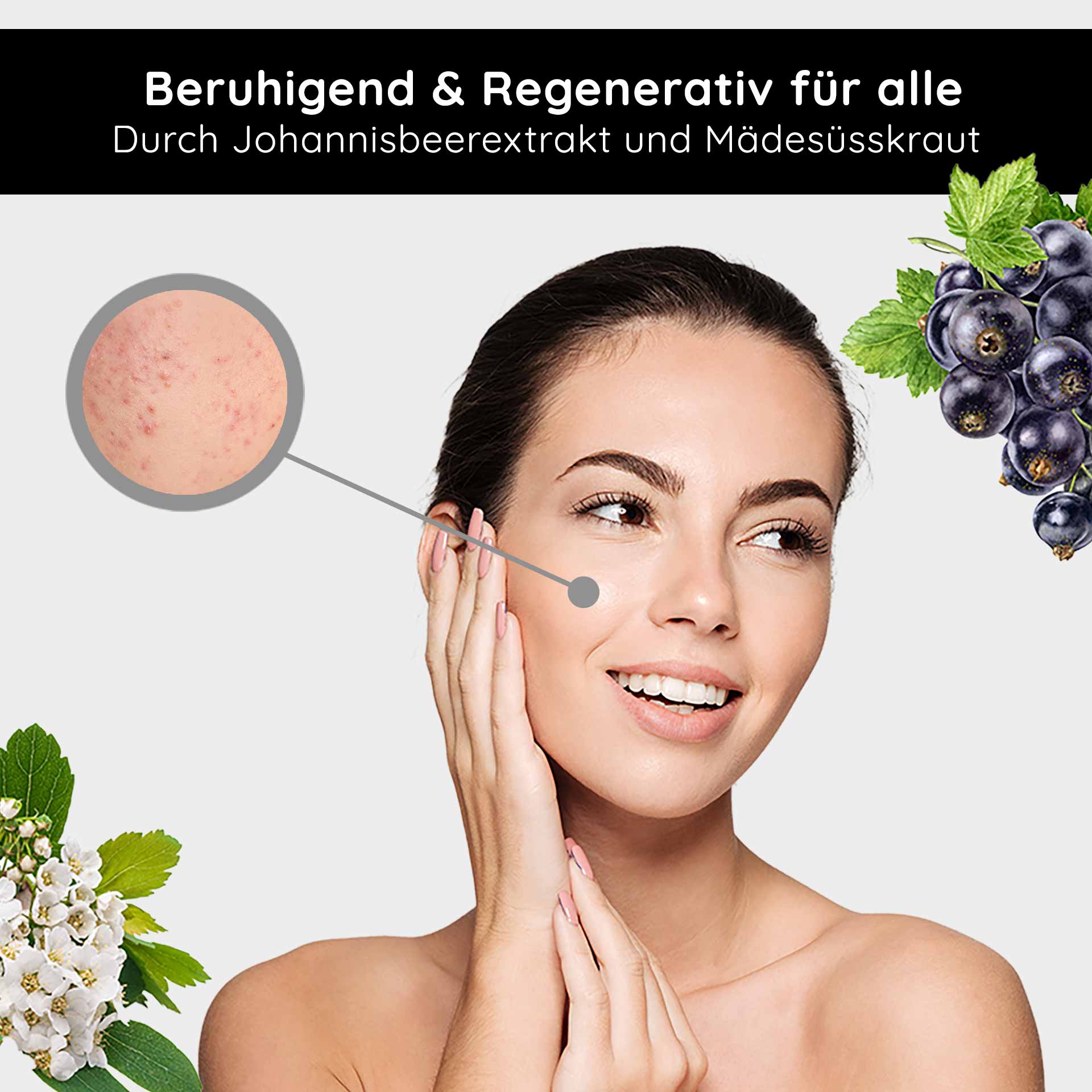 Beyond Herbal Tonic 1000 ml Facial Toner Nature Frau mit strahlendem Gesicht und sanftem Lächeln, zeigt beruhigende Hautpflegewirkung durch Johannisbeerenextrakt und Mädesüßkraut, mit hervorgehobener Hautstelle.