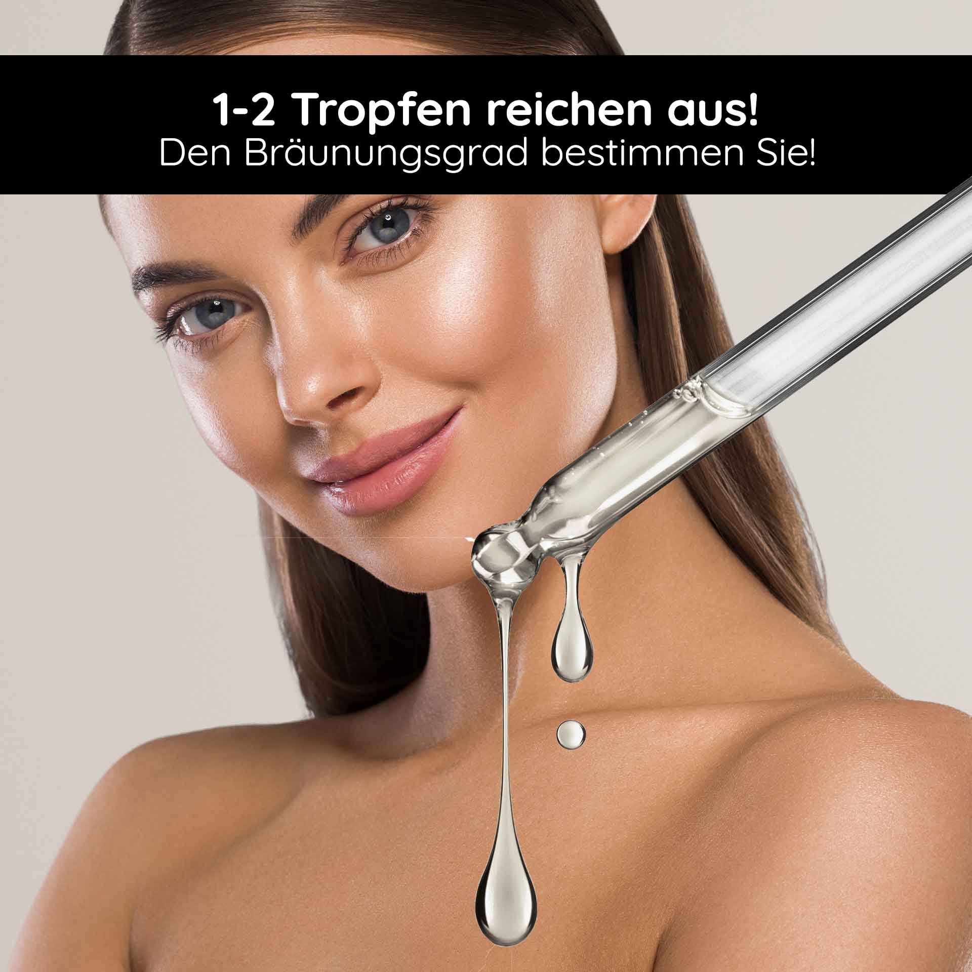 Natural self-tanner drops on the skin of a woman who can individually determine the degree of tanning, with a pipette container dispensing drops.