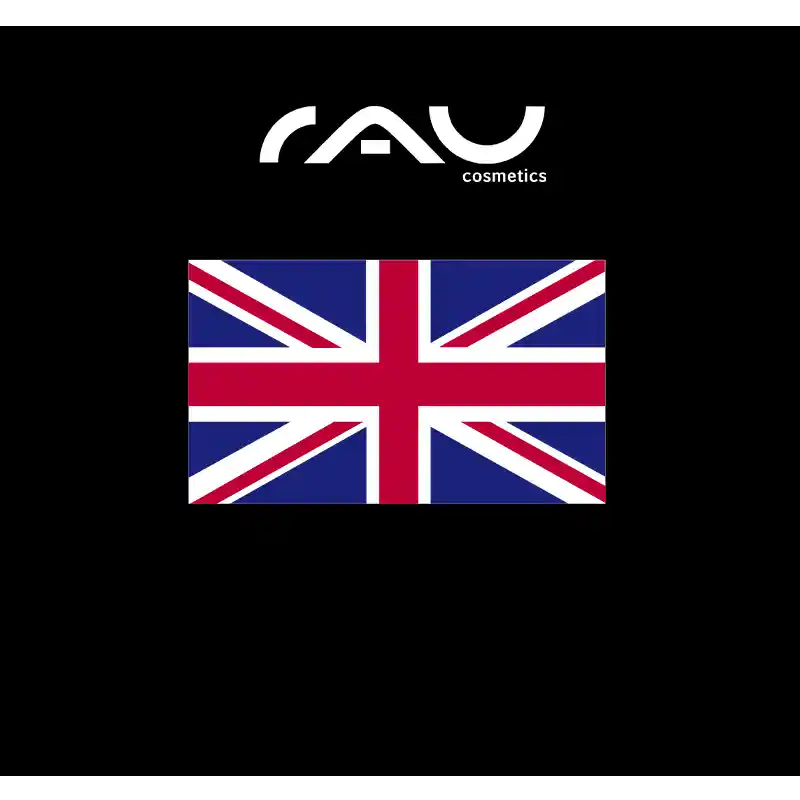 RAU_Cosmetics-Grossbritannien Das RAU Cosmetics-Logo mit der Union Jack-Flagge steht für die Verfügbarkeit der Produkte auf dem britischen Markt.