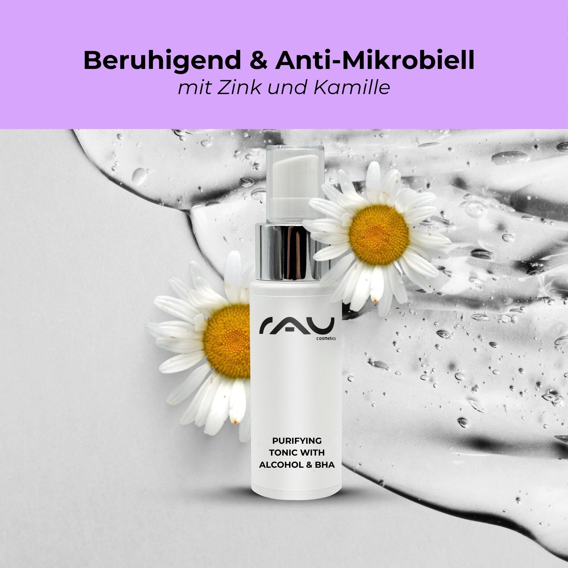 Natural Clarification: Illustration of daisies and clarifying plant extracts for a clear skin appearance.