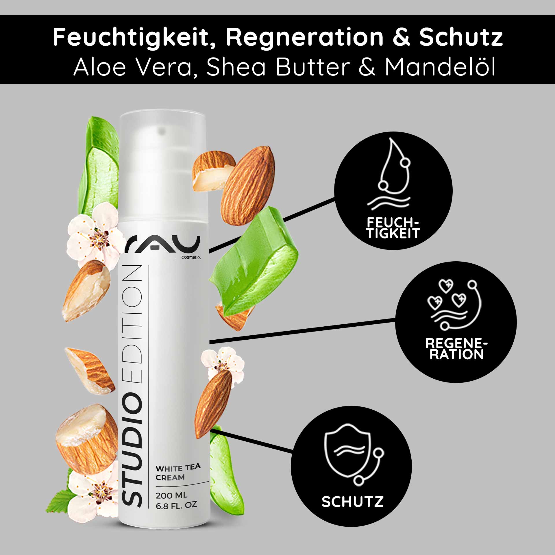 White Tea Cream 200 ml Anti Aging Cream with White Tea RAU Cosmetics White Tea Cream 200 ml, mit Aloe Vera, Sheabutter und Mandelöl, mit Schwerpunkt auf Feuchtigkeit, Regeneration und Schutz für alle Hauttypen.