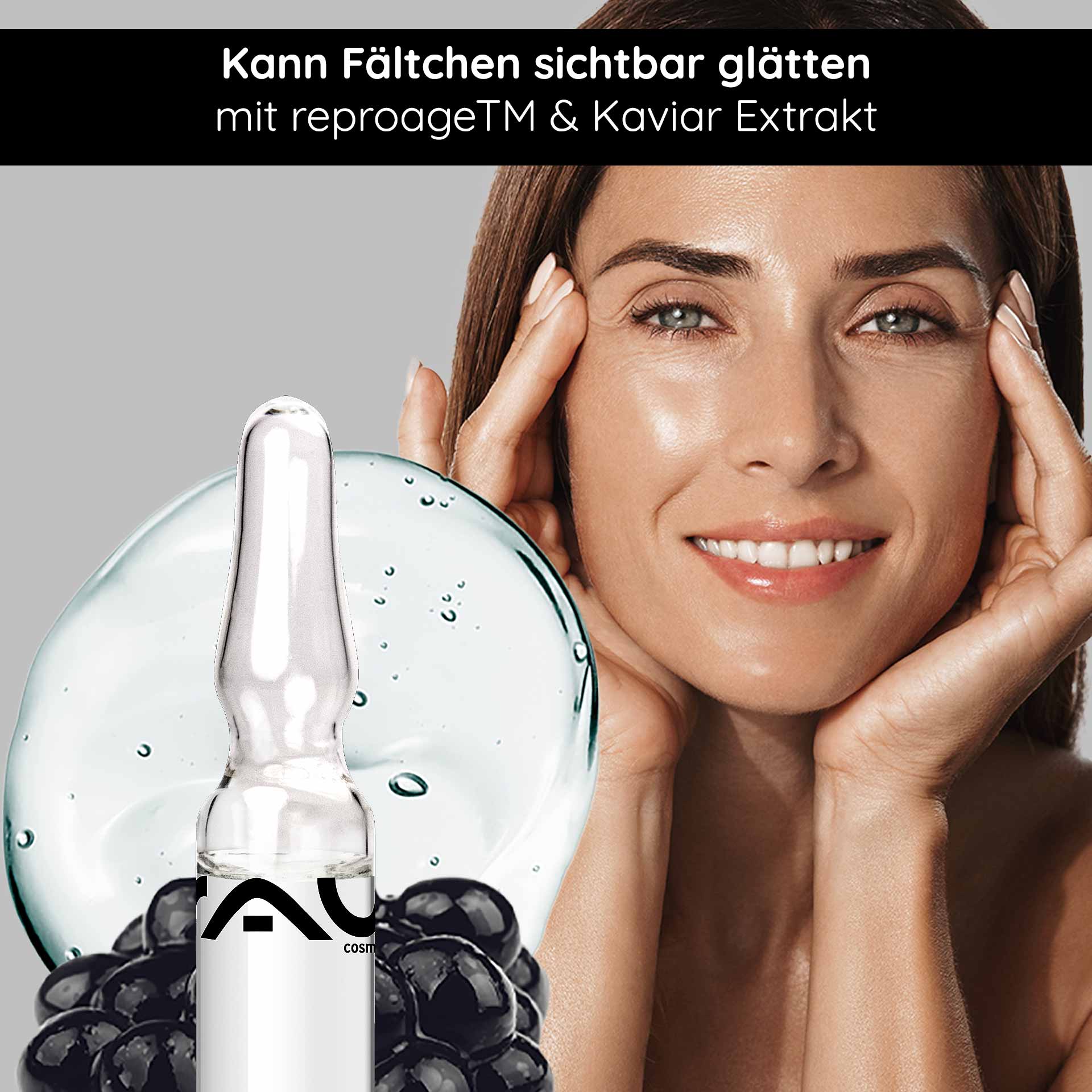 Caviar Lifting Ampollas 10x2 ml Antienvejecimiento y Rejuvenecimiento Frau mit strahlendem Gesicht und Händen an den Wangen, präsentiert RAU Caviar Lifting Ampullen, um Fältchen zu glätten, mit Kaviarextrakt und reproage™ Wirkstoffkomplex.