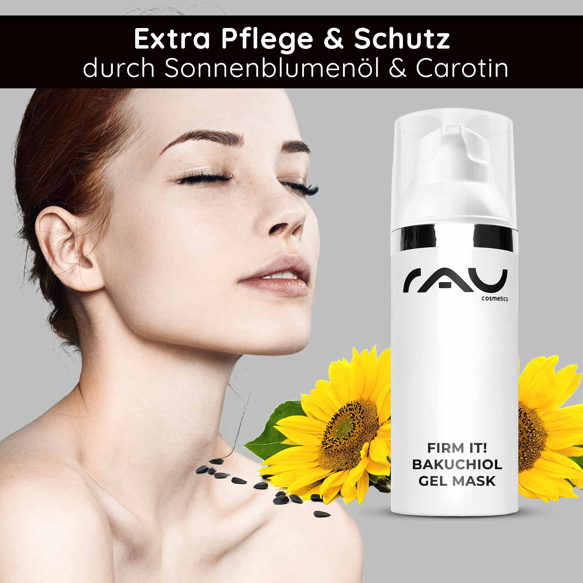 Mujer con mascarilla en gel Bakuchiol de RAU, destaca girasol y caroteno.