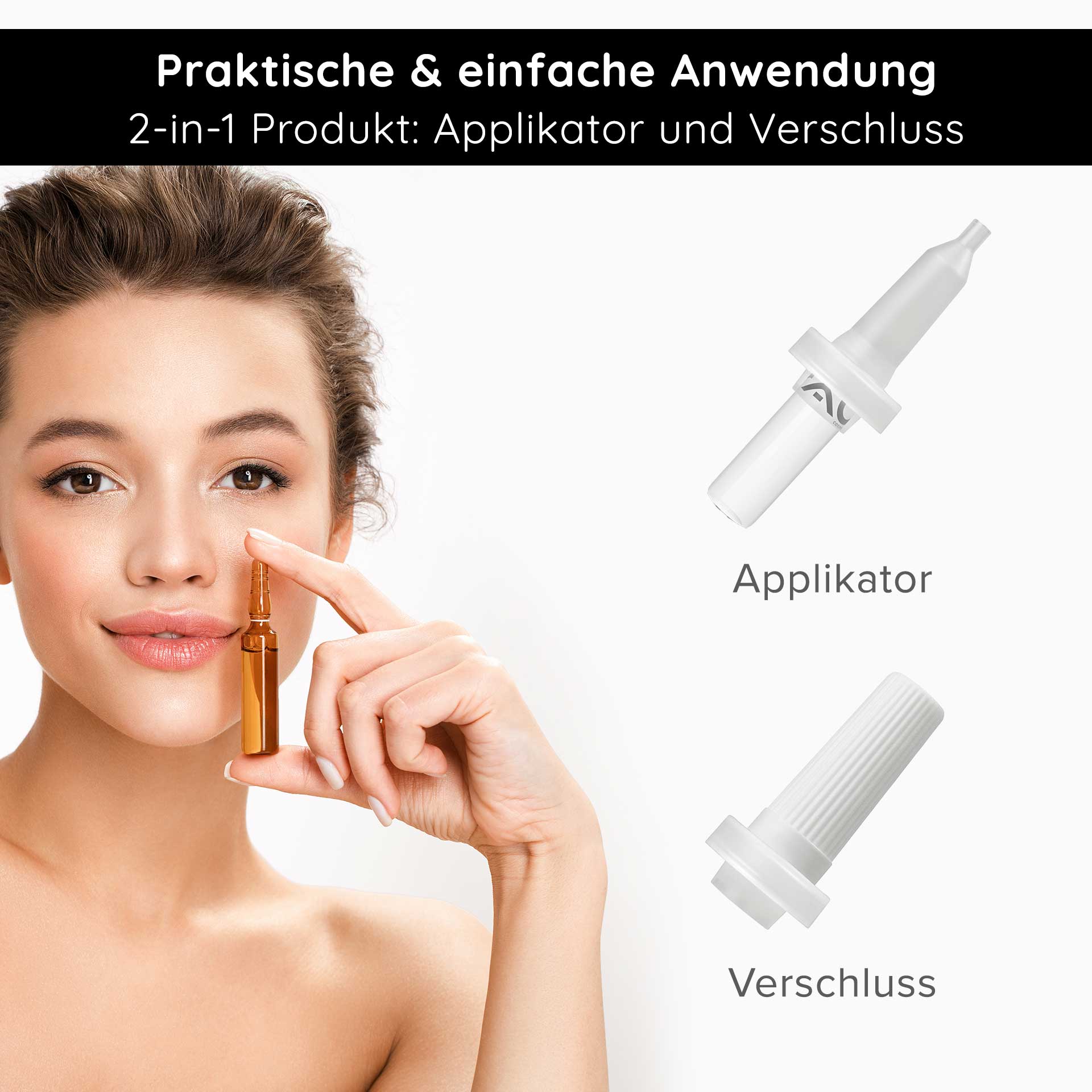 Aplicador de ampollas Ampollas de 2 ml Frau mit braunen Haaren hält eine braune Ampulle und zeigt auf ihr Gesicht, 2-in-1 Applikator und Verschluss für RAU Cosmetics hochkonzentrierte Hautpflegeampullen.