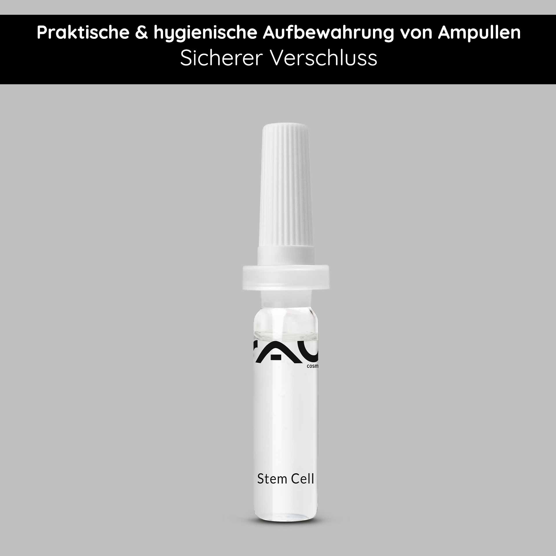 Ampullenöffner & Ampullenapplikator Set von RAU Cosmetics, sicherer Verschluss für hygienische Aufbewahrung von Gesichtsampullen, mit Stem Cell-Label.