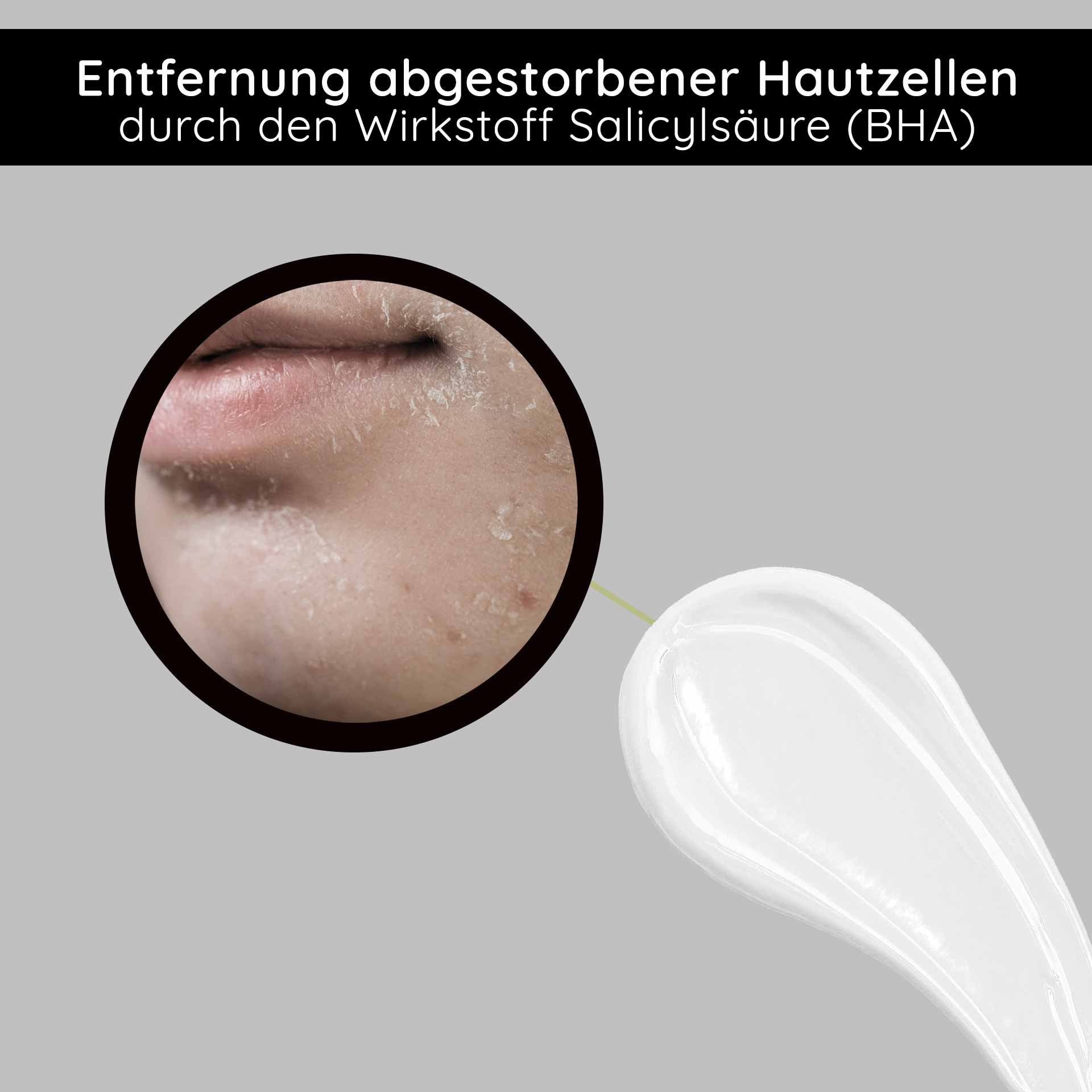 Eliminación de células muertas de la piel mediante ácido salicílico (BHA) con vista de la textura de la crema de ácidos frutales de RAU Cosmetics.