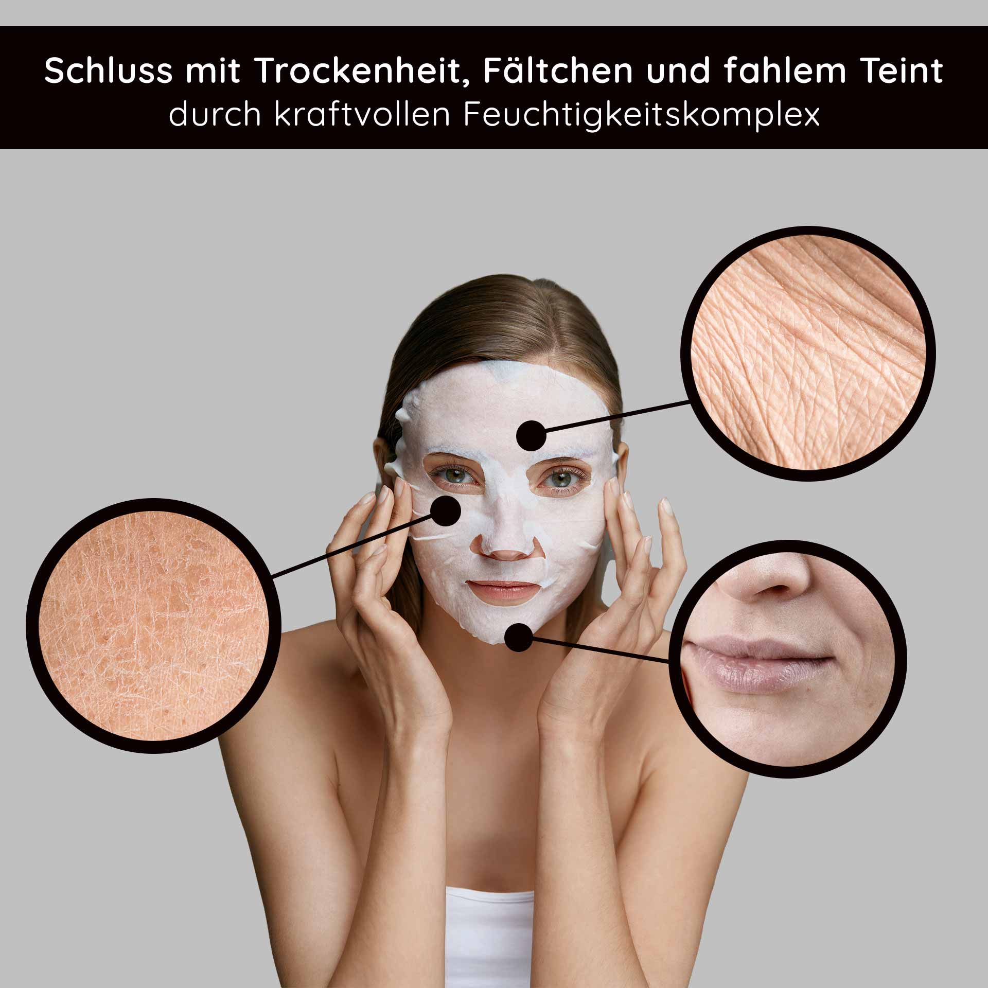 Mascarilla de Colágeno y Ácido Hialurónico Mascarilla de Vellón - Lote de 10 Frau mit Gesichtsmaske, die Trockenheit, Fältchen und fahlem Teint bekämpft, umgeben von Hauttexturen zur Veranschaulichung der Wirkung des Feuchtigkeitskomplexes.