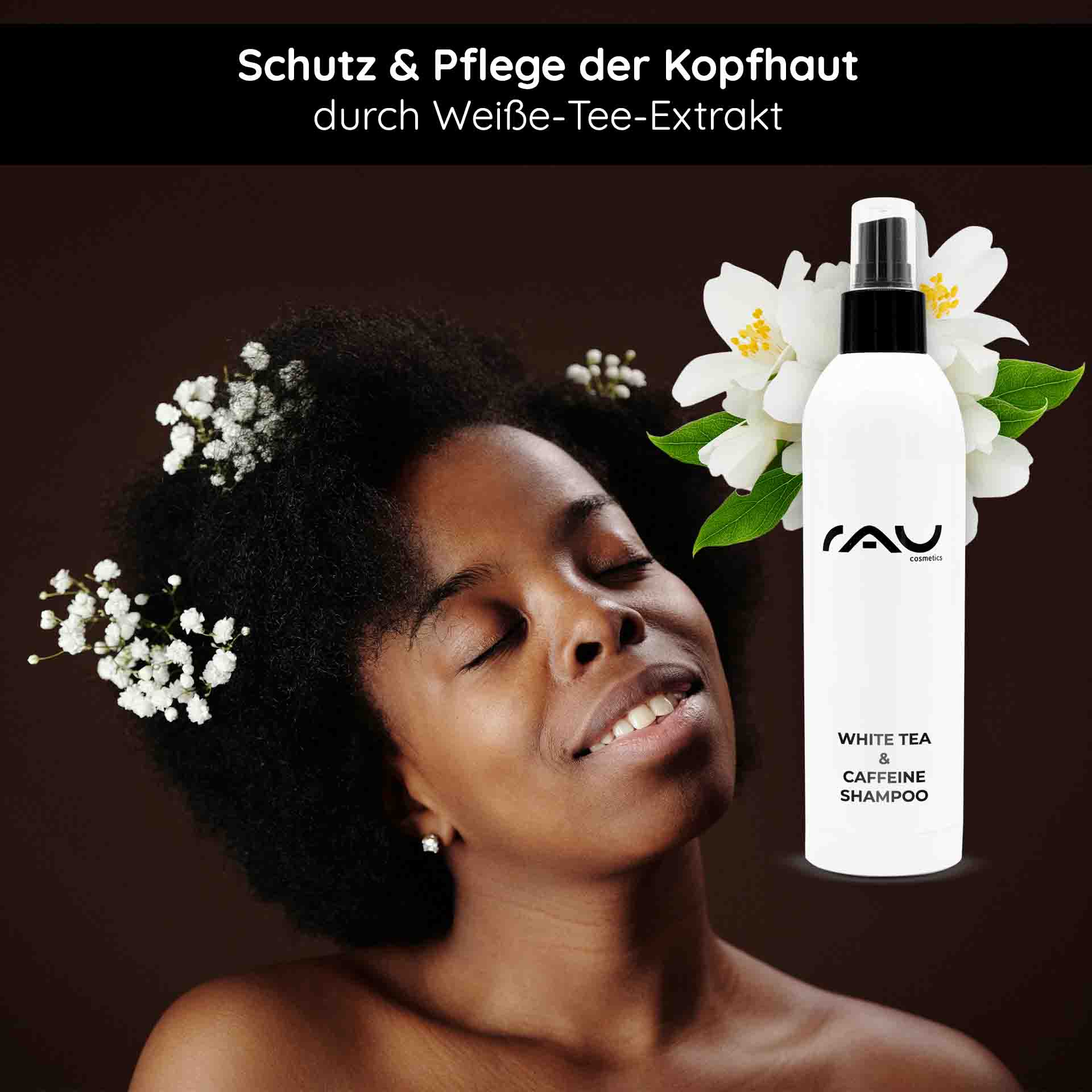 Gel de Ducha Té Blanco y Remolacha Azucarera 500 ml Gel de Ducha Frau mit lockigem Haar und Blumen im Haar, präsentiert das RAU White Tea & Caffeine Shampoo, betont Schutz und Pflege durch Weißtee-Extrakt.