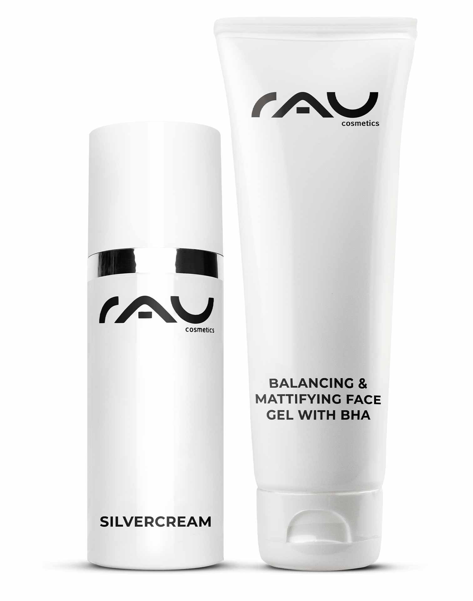 Powerset für unreine und fettige Haut von RAU Cosmetics, bestehend aus Silvercream und Balancing & Mattifying Face Gel mit BHA.