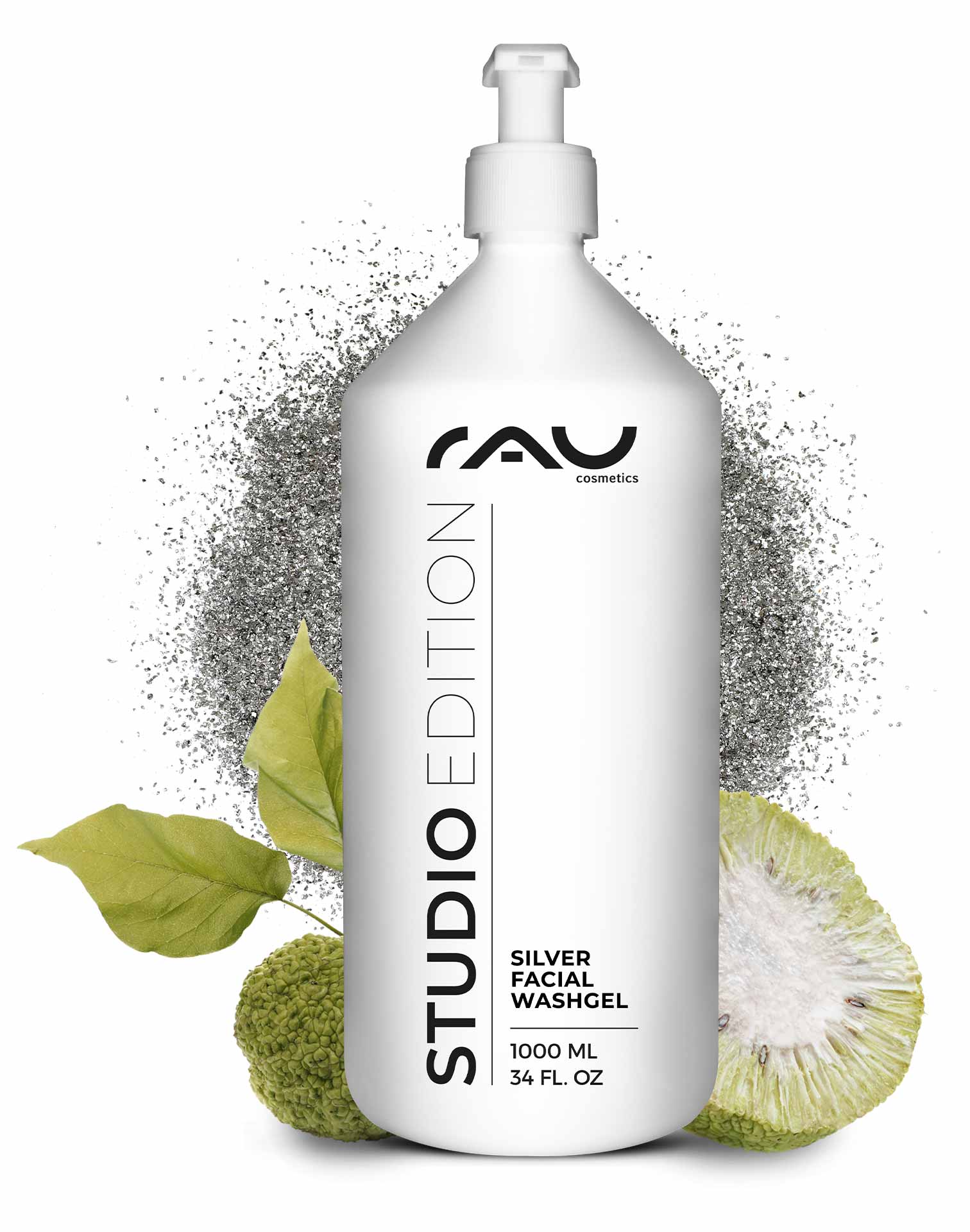 Gel Limpiador Facial Plata 1000 ml Gel Limpiador Microsilver Flasche RAU Silver Facial Washgel 1000 ml mit Antimikrobielle Wirkung, umgeben von grünen Blättern und grafischen Elementen, für sanfte Reinigung und Hautpflege.