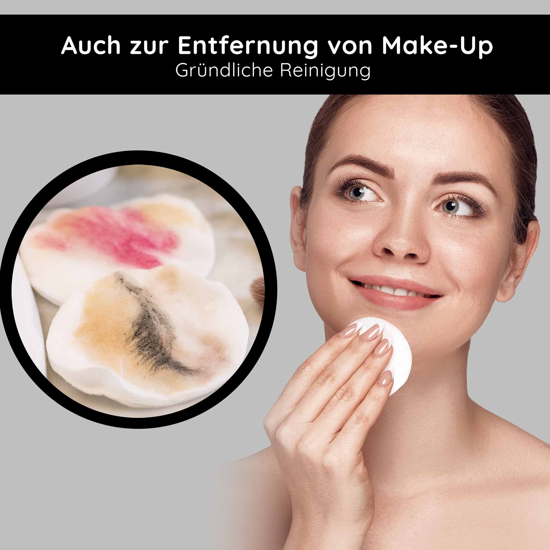 Deep Cleansing 2in1 200 ml 2in1 Facial Toner Frau mit Wattepad zur Gesichtsreinigung, Make-up-Rückstände auf dem Pad, Anwendung des RAU Cosmetics Deep Cleansing 2in1 Gesichtswassers.