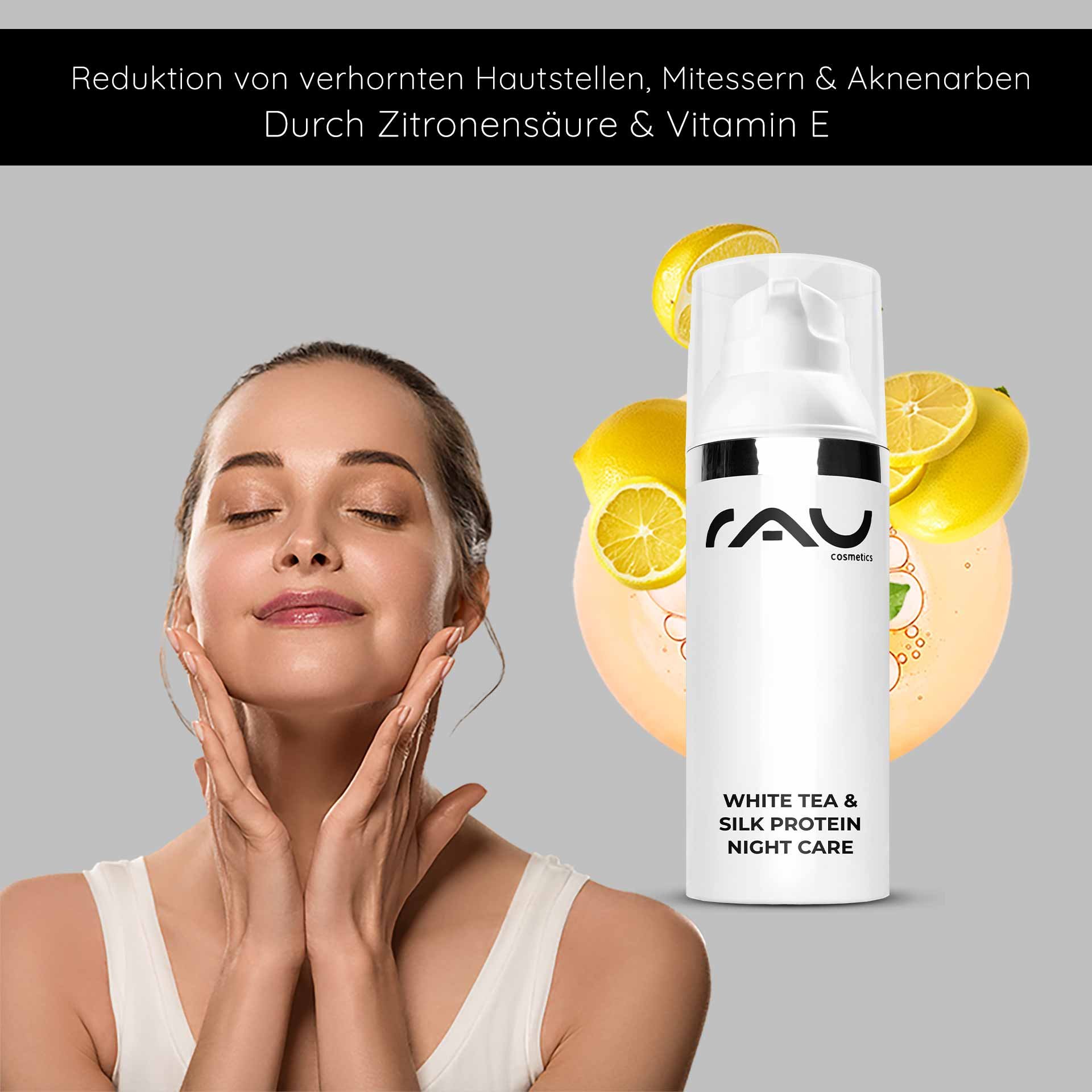 Frau mit geschlossenen Augen und sanftem Lächeln, die Gesichtspflege mit RAU Cosmetics White Tea & Silk Protein Night Care aufträgt, um Hautverjüngung und Feuchtigkeit zu fördern.