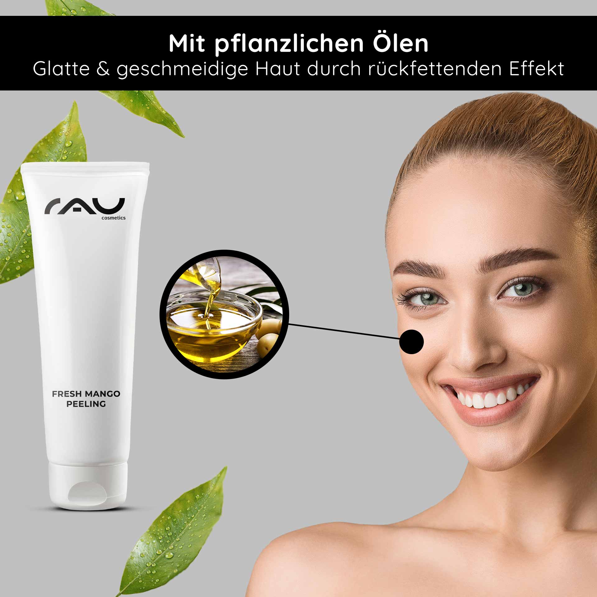 Fresh Mango Peeling 75 ml enzyme peeling with mango scent RAU Cosmetics Fresh Mango Peeling-Tube mit Pflanzenölen für glatte und weiche Haut, neben einer lächelnden Frau, die die Vorteile des Produkts hervorhebt.