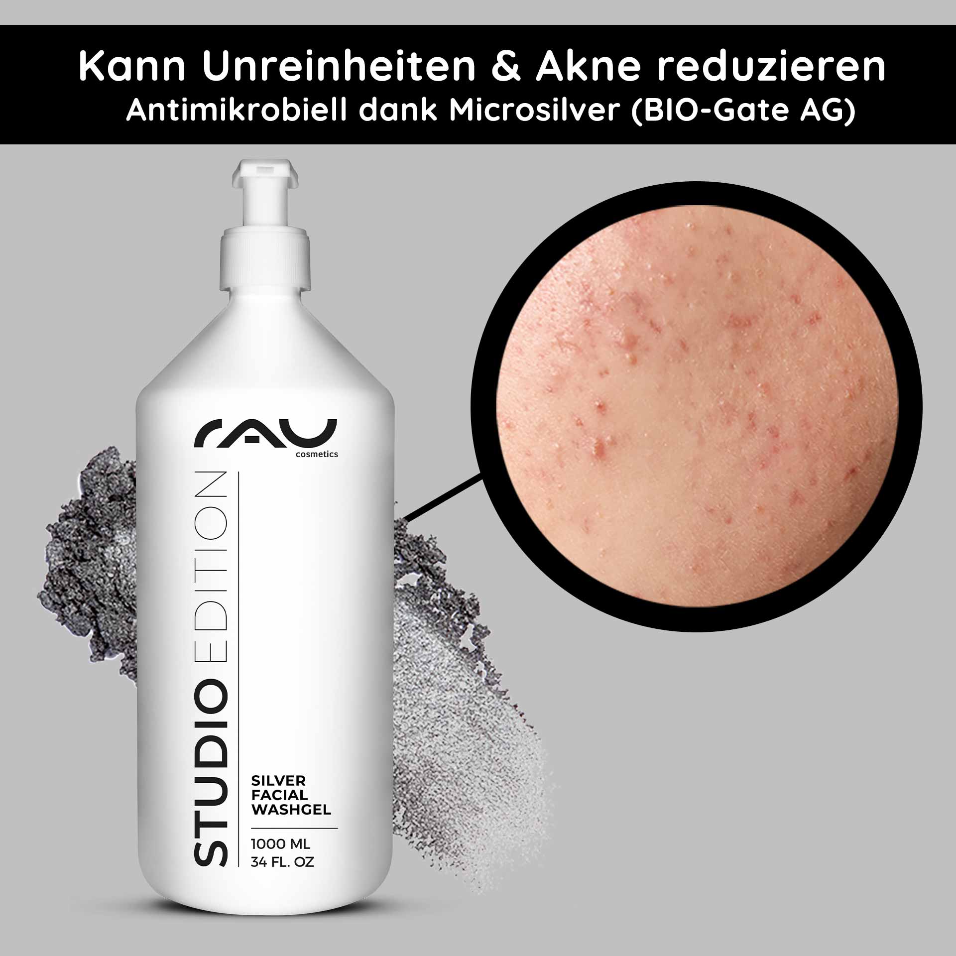Gel Limpiador Facial Plata 1000 ml Gel Limpiador Microsilver RAU Cosmetics Silver Facial Washgel bottle with a close-up of acne-prone skin, highlighting antimicrobial properties of microsilver for effective facial cleansing and skincare.