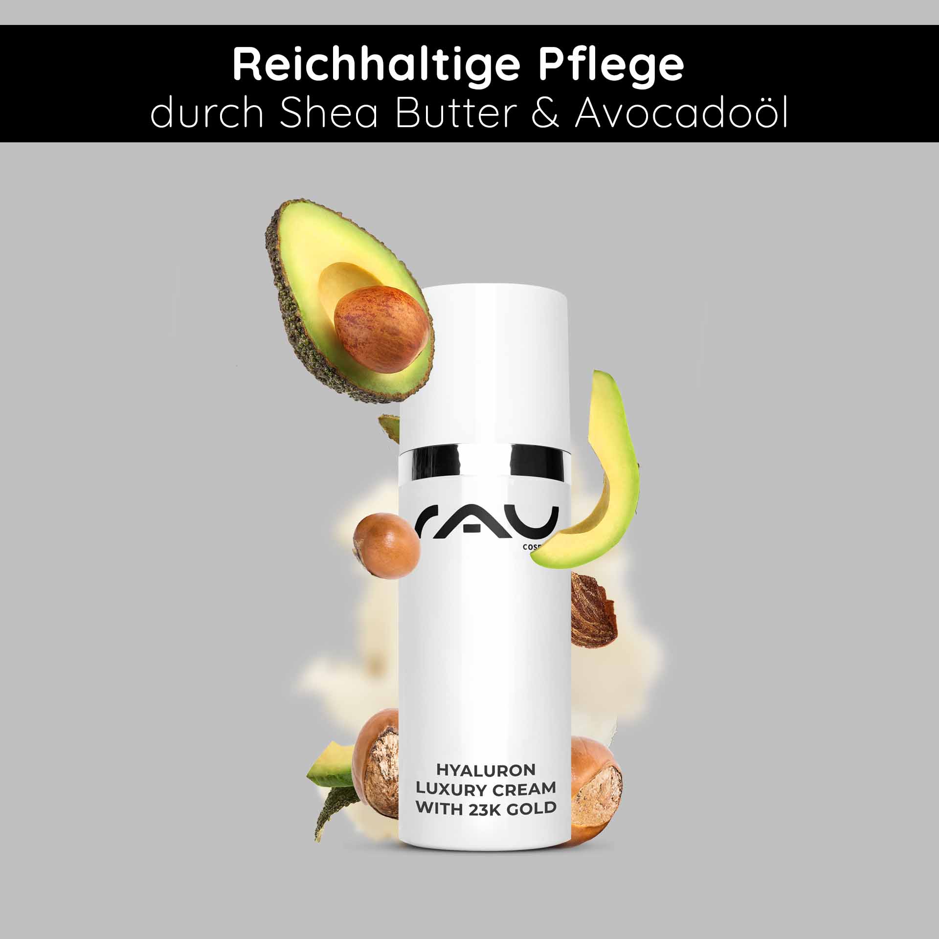 Hyaluron Crema de Lujo con Oro 23k 50 ml Crema Antiedad Hyaluron-Luxuscreme mit 23 Karat Gold in einer eleganten weißen Flasche, umgeben von Avocado und Sheabutter, die die reichhaltigen Hautpflegevorteile gegen Alterung und Feuchtigkeitsversorgung betont und sich als Geschenk zum Muttertag eignet.