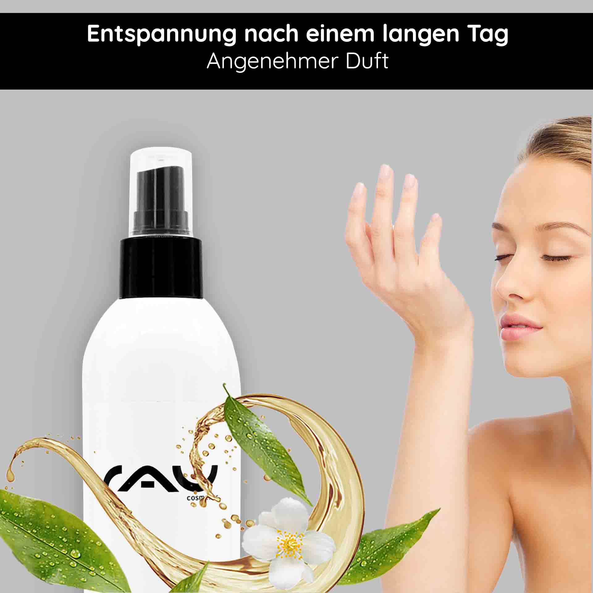 Gel de Ducha Té Blanco y Remolacha Azucarera 500 ml Gel de Ducha Flasche White Tea & Caffeine Shampoo mit erfrischendem Zitronenduft, abgebildet ist eine Frau, die den Duft genießt und die belebende Wirkung der Haarpflege von RAU Cosmetics hervorhebt.