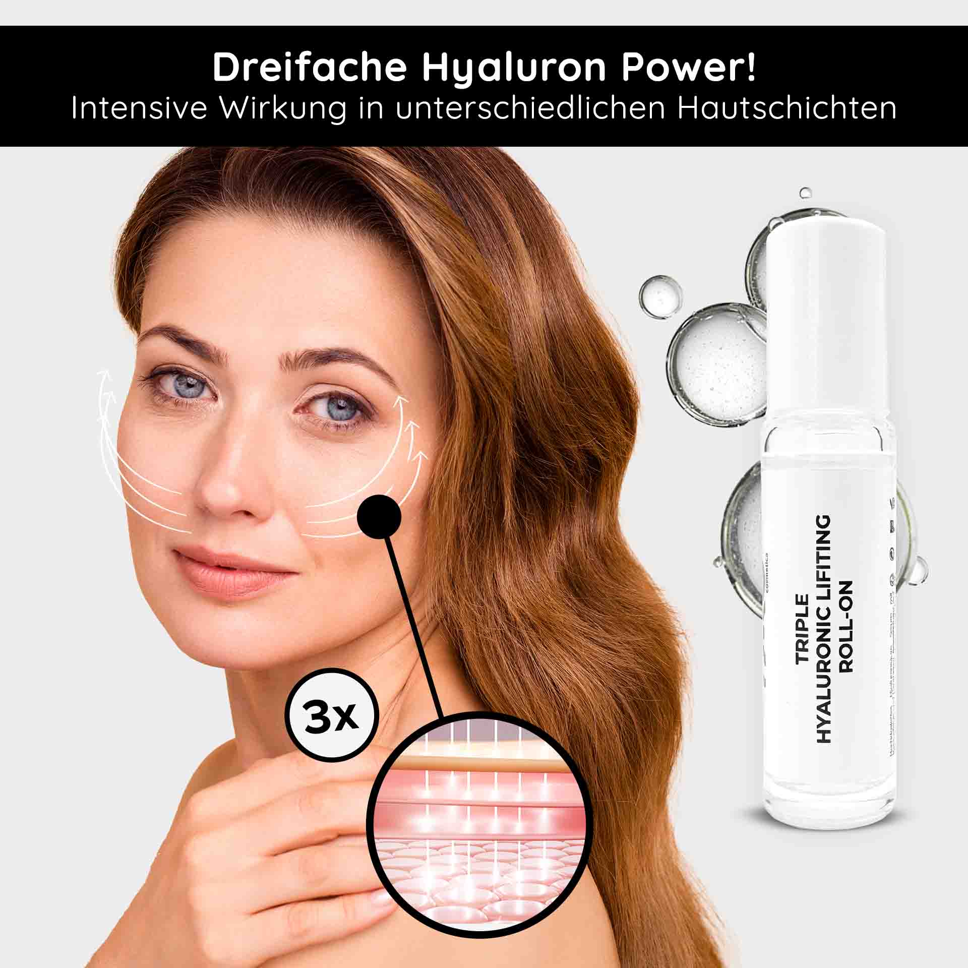 Ampollas de Higo chumbo 10x2 ml 3 veces Ácidos Hialurónicos Dreifaches Hyaluron Power! Frau mit glatter Haut, Roll-On-Flasche des Triple Hyaluronic Lifting Serums, Diagramm zeigt intensive Wirkung in unterschiedlichen Hautschichten.