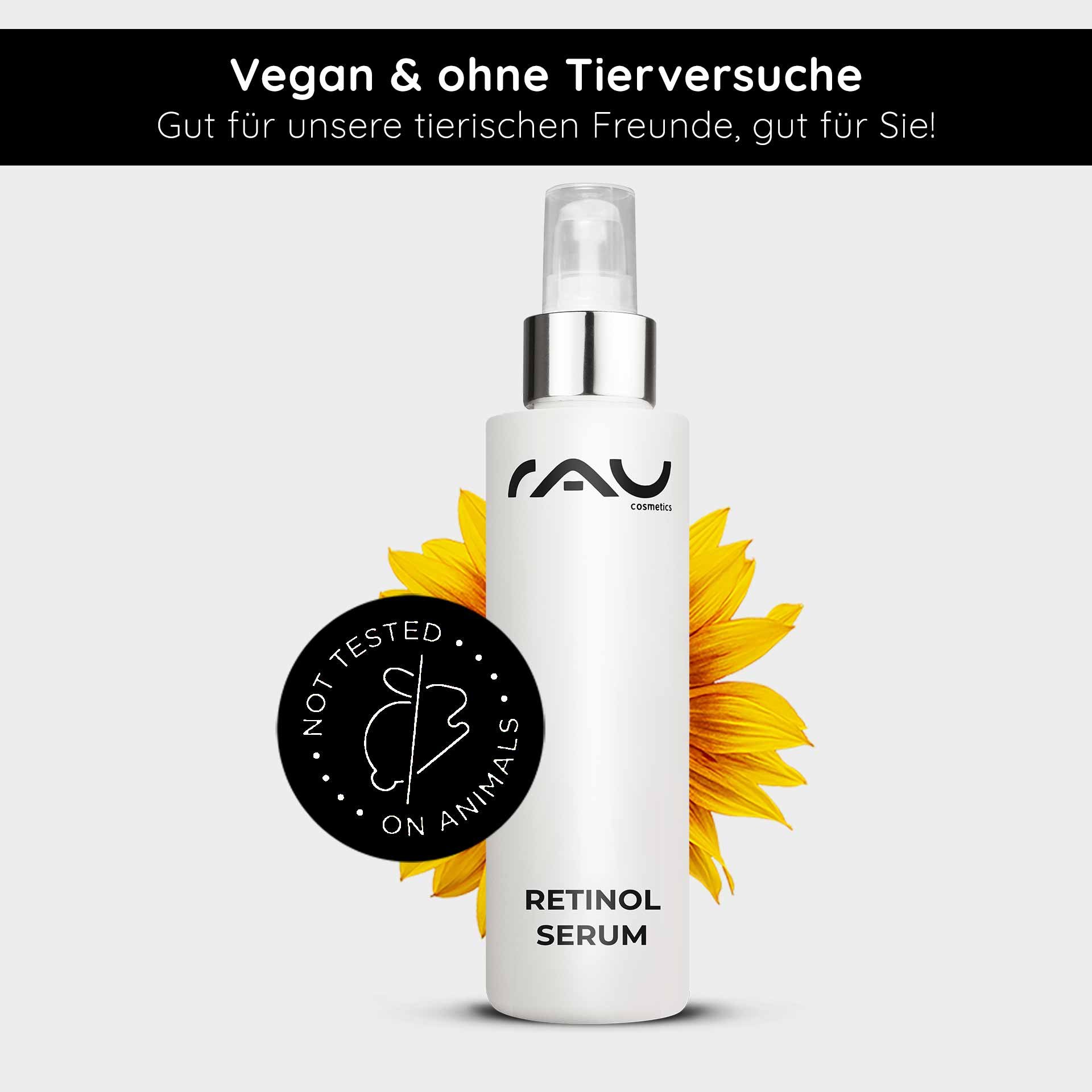 Vegano y sin crueldad animal: El frasco blanco del Retinol Serum luce con orgullo los sellos de cosmética sostenible.