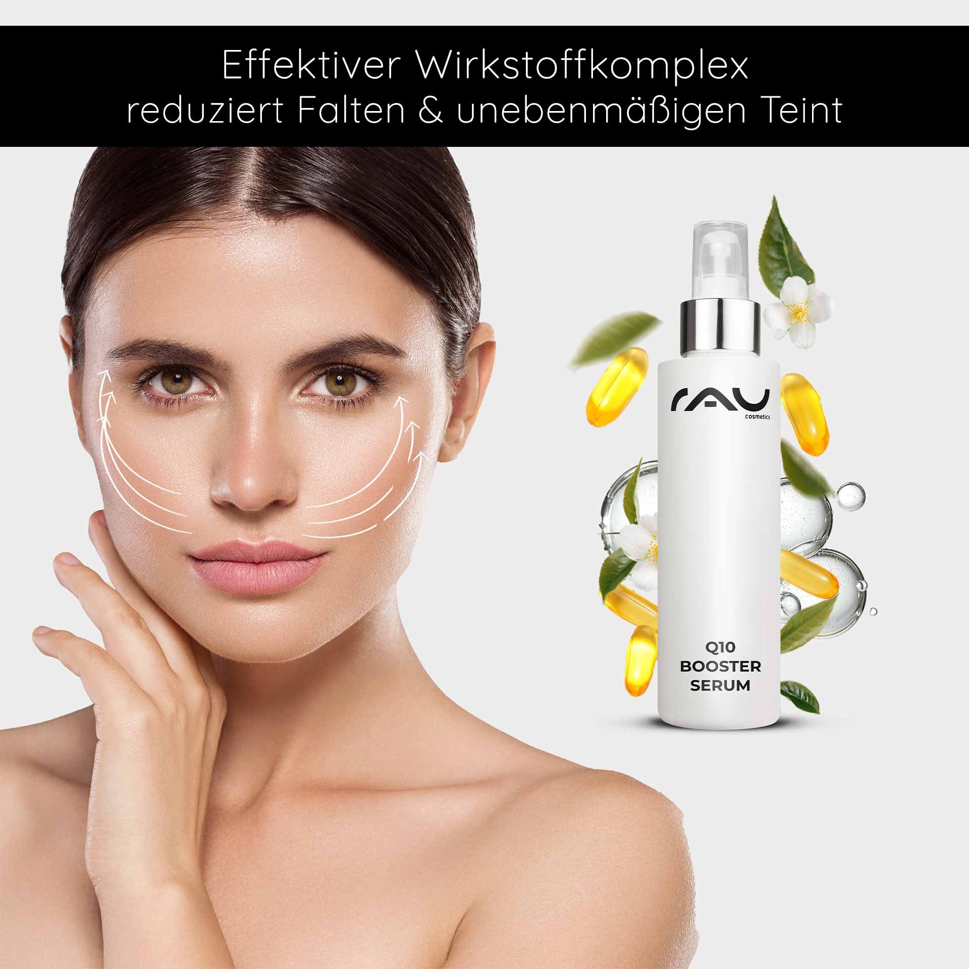 Effective Q10 Booster Serum by RAU Cosmetics, presented on a face with moisturizing and anti-aging properties to reduce wrinkles and improve the complexion.