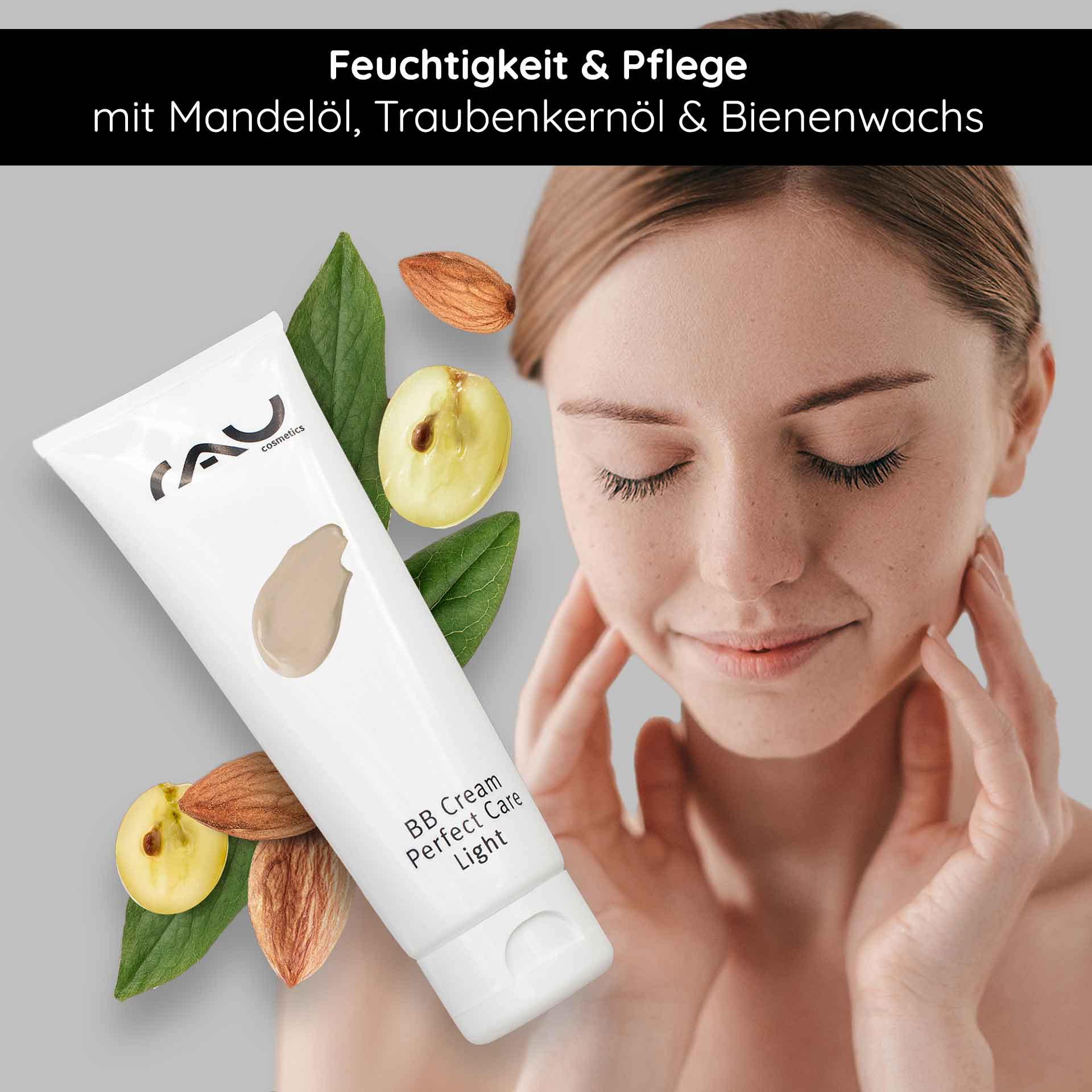 BB Cream Perfect Care Light 75 ml SPF12 Maquillaje y Cuidado BB Cream Perfect Care Light Tube von RAU Cosmetics mit Mandelöl, Traubenkernöl und Bienenwachs, neben einer Frau bei der Hautpflege, die die feuchtigkeitsspendende und pflegende Wirkung für einen strahlenden Teint demonstriert.