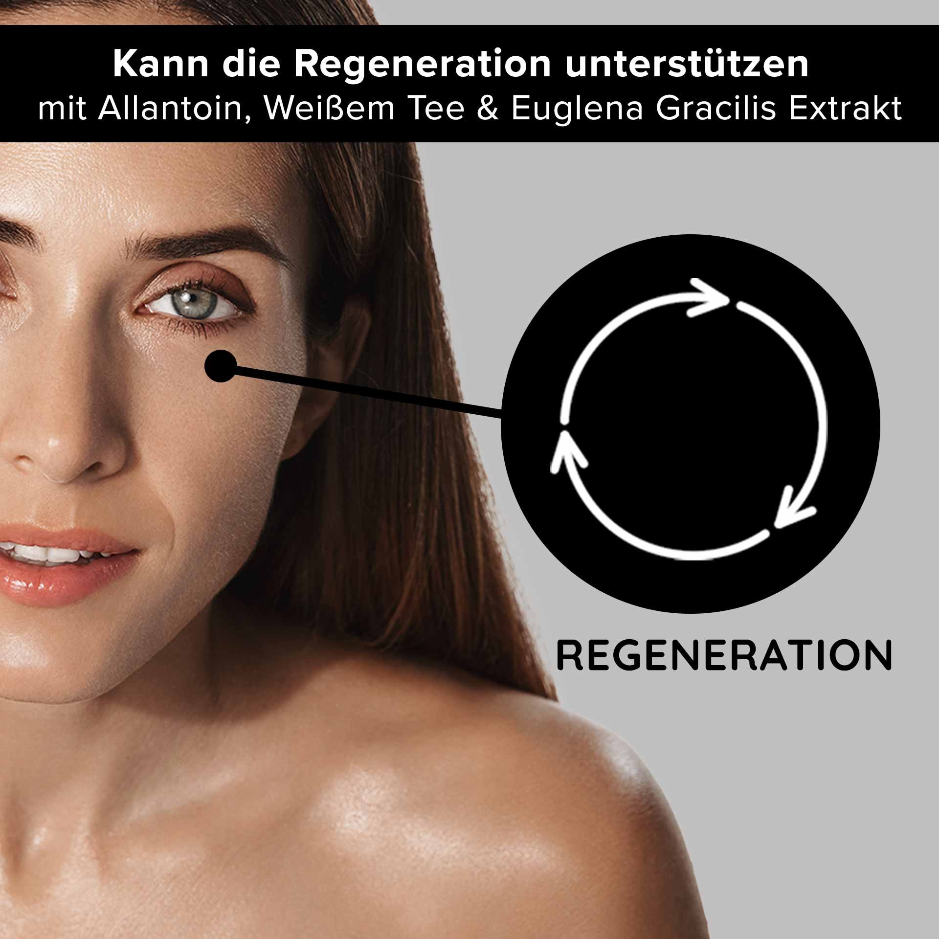 Mujer con una tez radiante y un ojo visible, destacando las propiedades regeneradoras del White Tea Eye Cooling Gel de RAU Cosmetics con alantoína, té blanco y extracto de Euglena Gracilis.