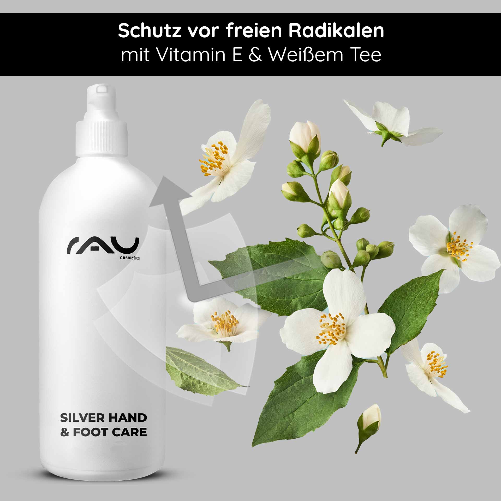 Silver Hand & Foot Care 500 ml para Crema de Manos y Pies Flasche mit RAU Cosmetics Silver Hand & Foot Care, umgeben von weißen Blüten und Blättern, betont den Schutz vor freien Radikalen mit Vitamin E und weißem Tee.