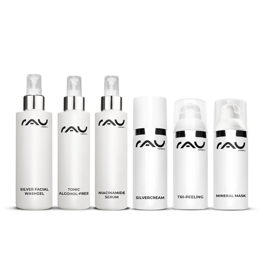 Profi Pflegeroutine für unreine trockene Haut mit RAU Cosmetics Produkten: Silber Waschgel, alkoholfreies Tonic, Niacinamid Serum, Silbercreme, Tri-Peeling und Mineralmaske.