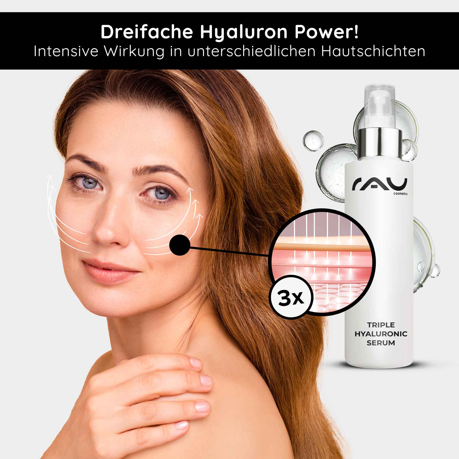 Triple Hyaluronic Serum 100 ml with Panthenol & Hyaluron Frau mit glatter Haut und RAU Cosmetics Triple Hyaluronic Serum, betont die dreifache Hyaluron-Power für intensive Feuchtigkeit und Anti-Aging-Wirkung.