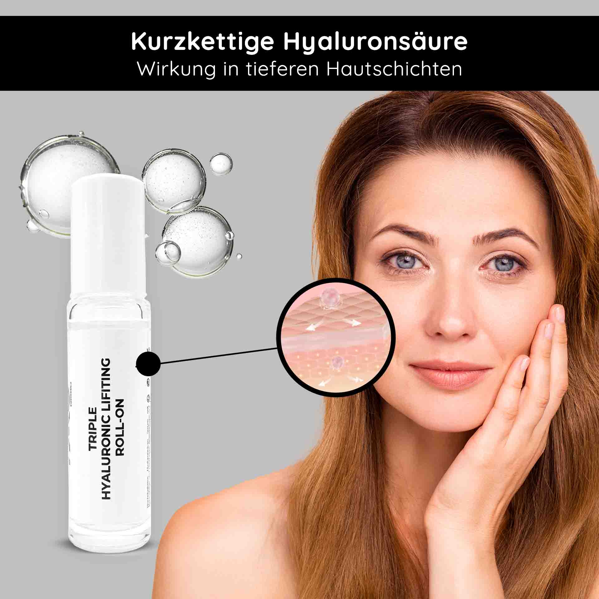 Ampollas de Higo chumbo 10x2 ml 3 veces Ácidos Hialurónicos Roll-On mit dreifachem Hyaluron-Lifting-Serum mit Hyaluronsäure-Kügelchen und einer Frau, die das Serum auf ihr Gesicht aufträgt und dabei die tiefe Feuchtigkeitsversorgung der Haut und die Anti-Aging-Wirkung betont.