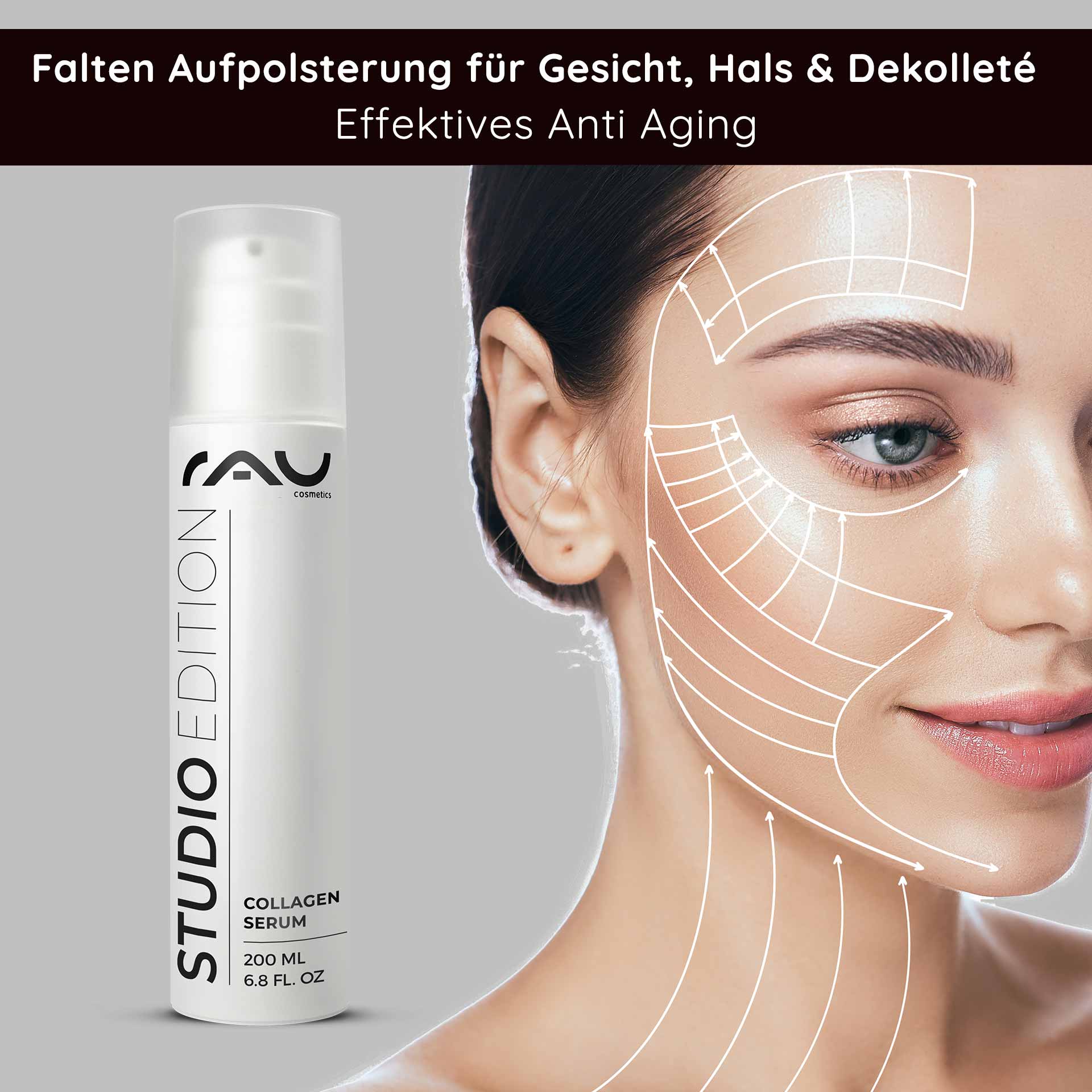 Collagen Serum 200 ml anti-aging cure with trylagen Flasche RAU Collagen Serum mit Anti-Aging-Wirkung, mit dem Gesicht eines Models und Anwendungsanweisungen zur Hautverjüngung und Faltenreduzierung.