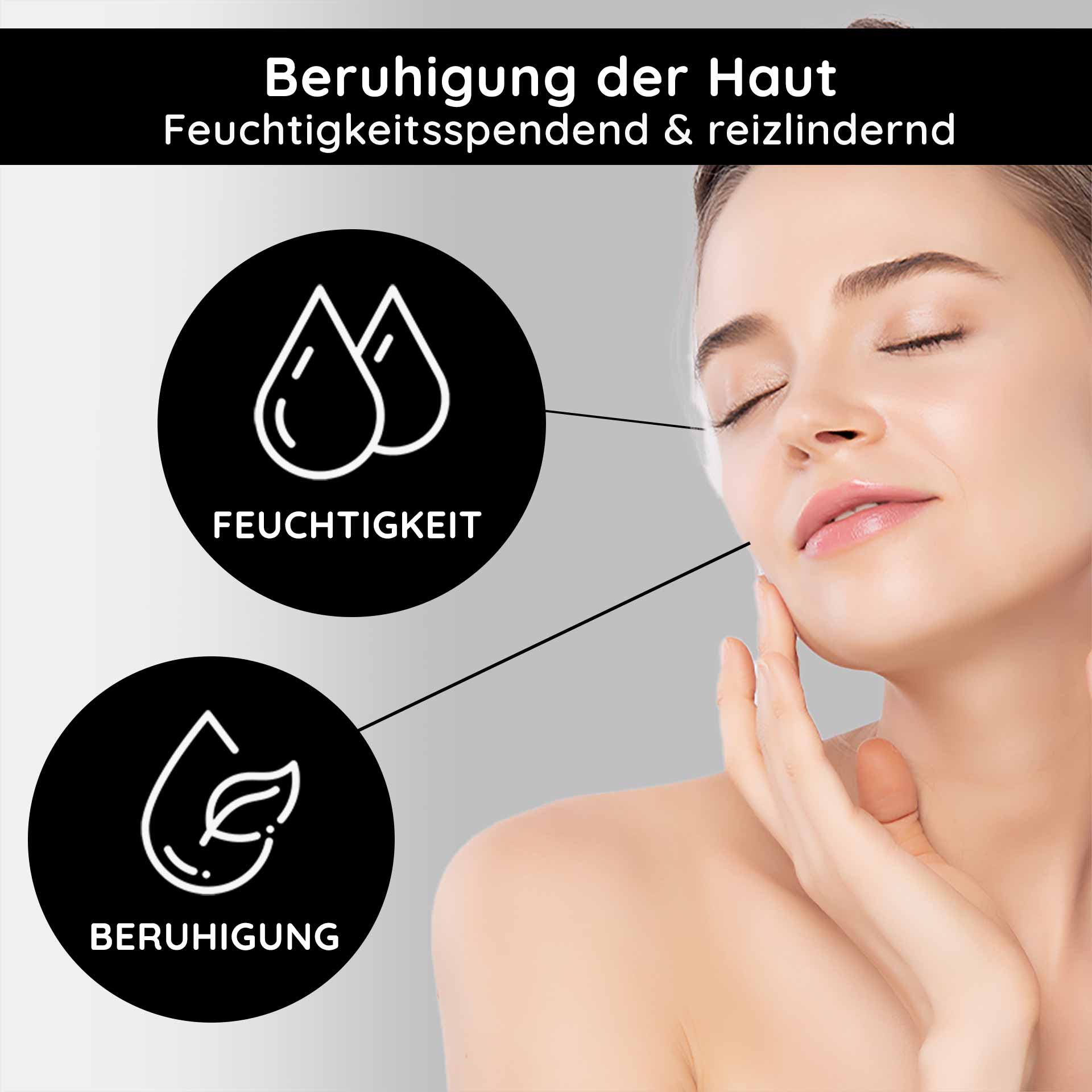 Gel Limpiador Facial Plata 1000 ml Gel Limpiador Microsilver Beruhigung der Haut mit feuchtigkeitsspendenden und reizlindernden Eigenschaften, Darstellung einer Frau, die sanft ihr Gesicht berührt, umgeben von Symbolen für Feuchtigkeit und Beruhigung.