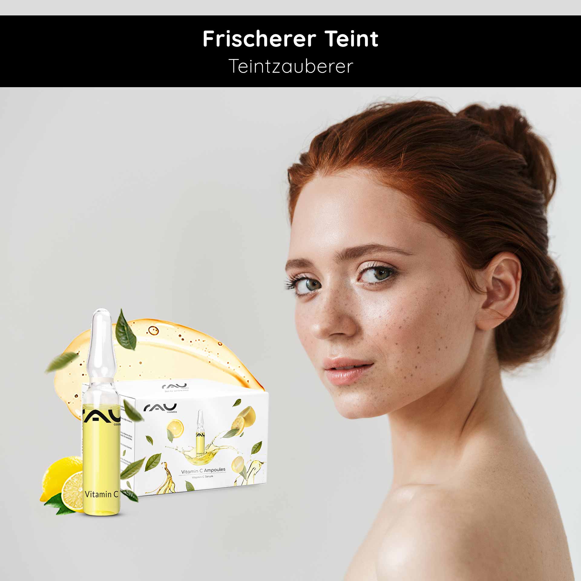 Ampollas de Vitamina C 14x2 ml para pieles maduras y con imperfecciones Vitamin C Ampulle von RAU Cosmetics mit frischem Teint, umgeben von Zitronen und Pflanzenmotiven, für die Verbesserung des Hautzustands und einen strahlenden Teint.