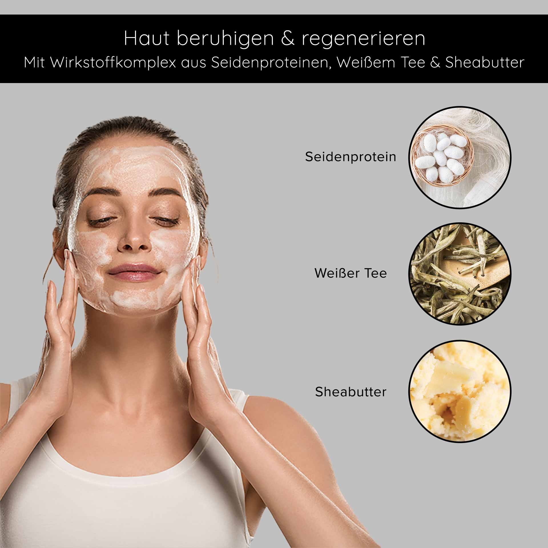 Woman with a foaming face mask applying silk proteins, white tea, and shea butter for skin soothing and regeneration.