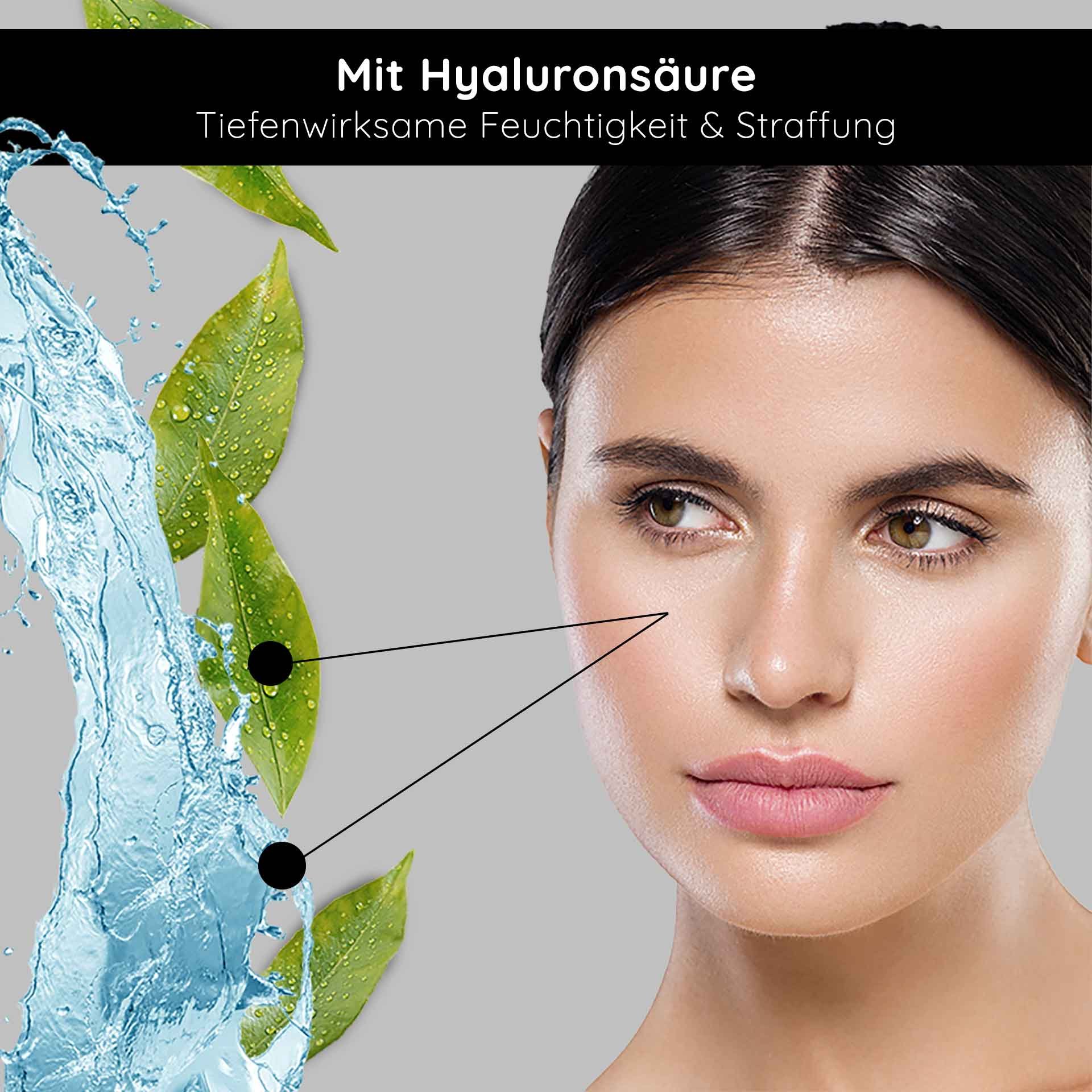 Frau mit strahlender Haut, betont durch Hyaluronsäure, Wasser und grüne Blätter, symbolisiert intensive Feuchtigkeit und Hautstraffung, passend zur RAU Cosmetics Retinol Serum Produktbeschreibung.