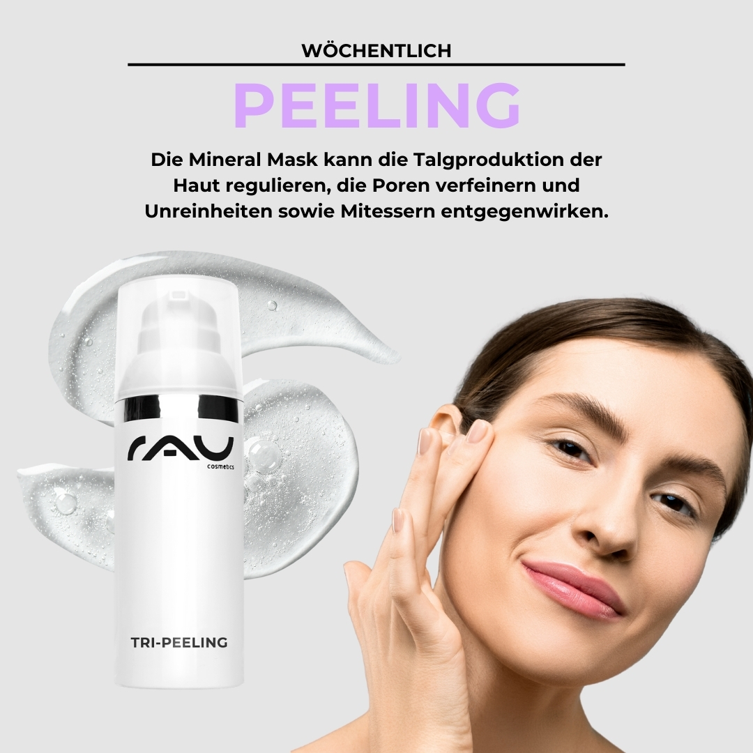 Professional care routine for impure dry skin Peeling Produkt von RAU Cosmetics, Frau mit glattem Teint und feuchtigkeitsspendender Textur, Anwendung zur Verbesserung unreiner trockener Haut.