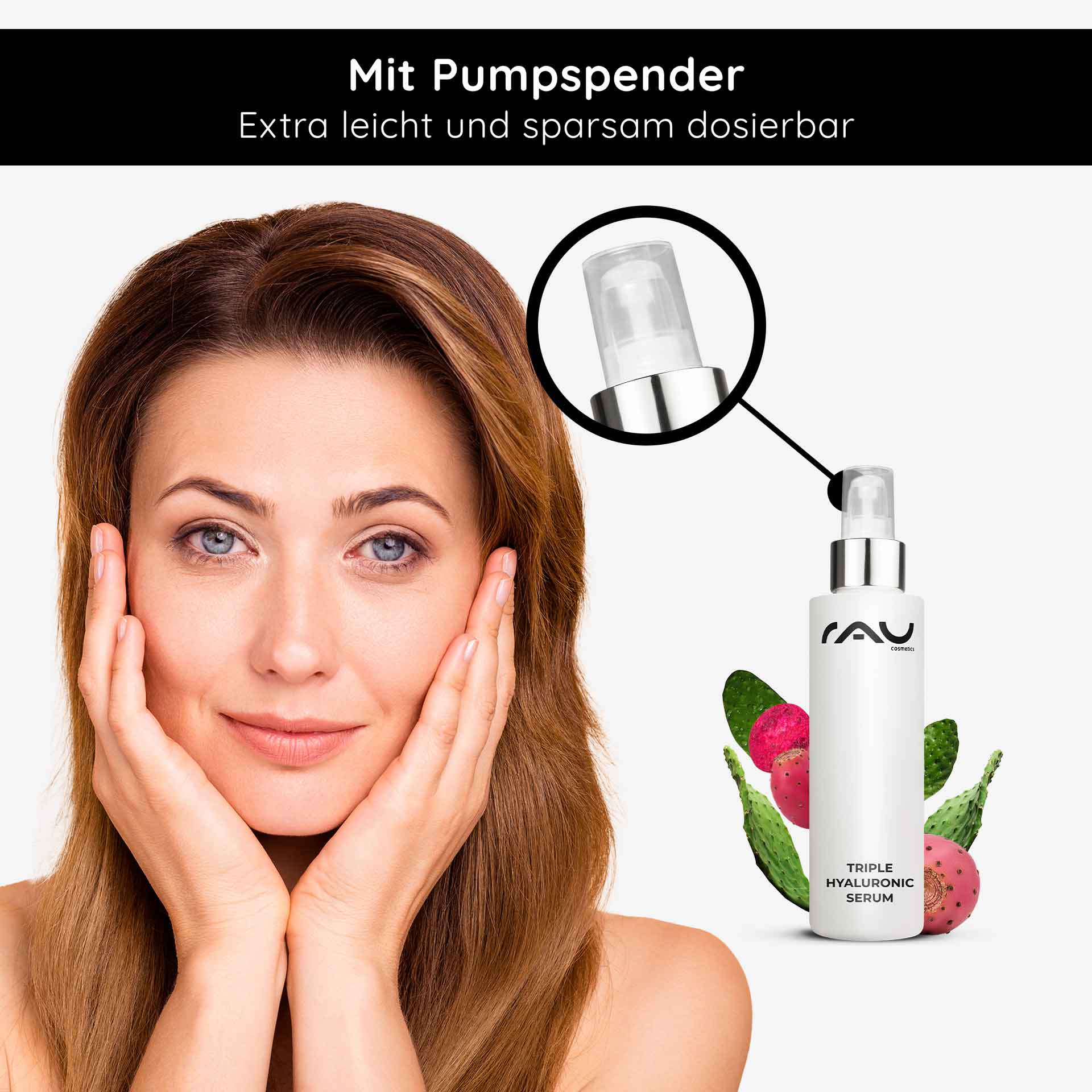 Triple Hyaluronic Serum 100 ml with Panthenol & Hyaluron Frau mit glatter Haut und sanften Gesichtszügen, hält ihr Gesicht, präsentiert das RAU Triple Hyaluronic Serum mit Pumpspender und Pflanzenmotiven, betont feuchtigkeitsspendende und anti-aging Eigenschaften.