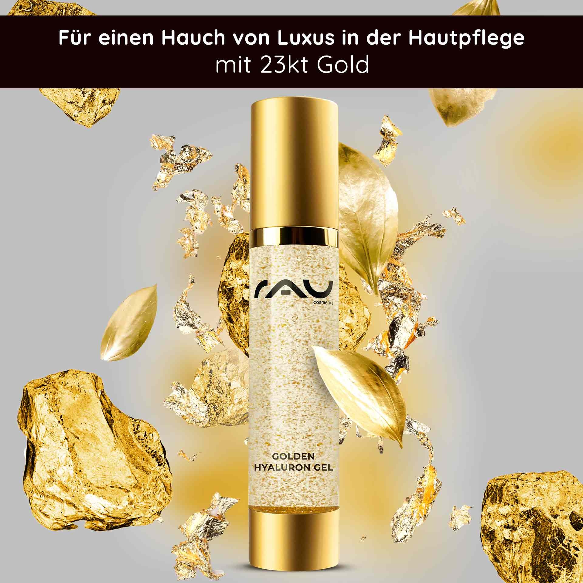 RAU Cosmetics Golden Hyaluron Gel with 23 karat gold in luxurious packaging, surrounded by gold flakes highlighting the anti-aging benefits of the skincare.