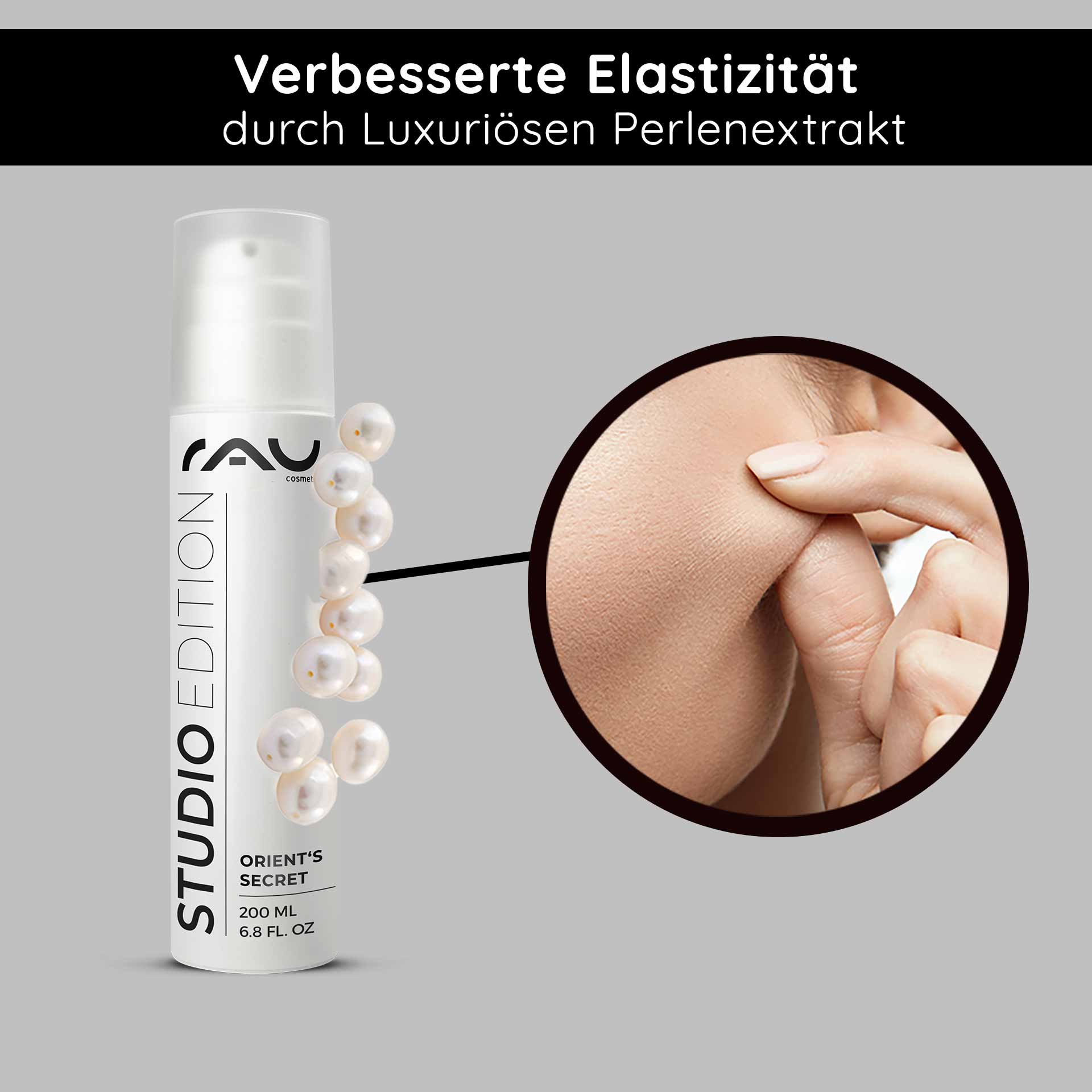 Un frasco de crema facial Orient’s Secret de RAU Cosmetics con lujoso extracto de perla, que destaca la mejora de la elasticidad cutánea, y un primer plano de una mano pellizcando suavemente la piel suave.